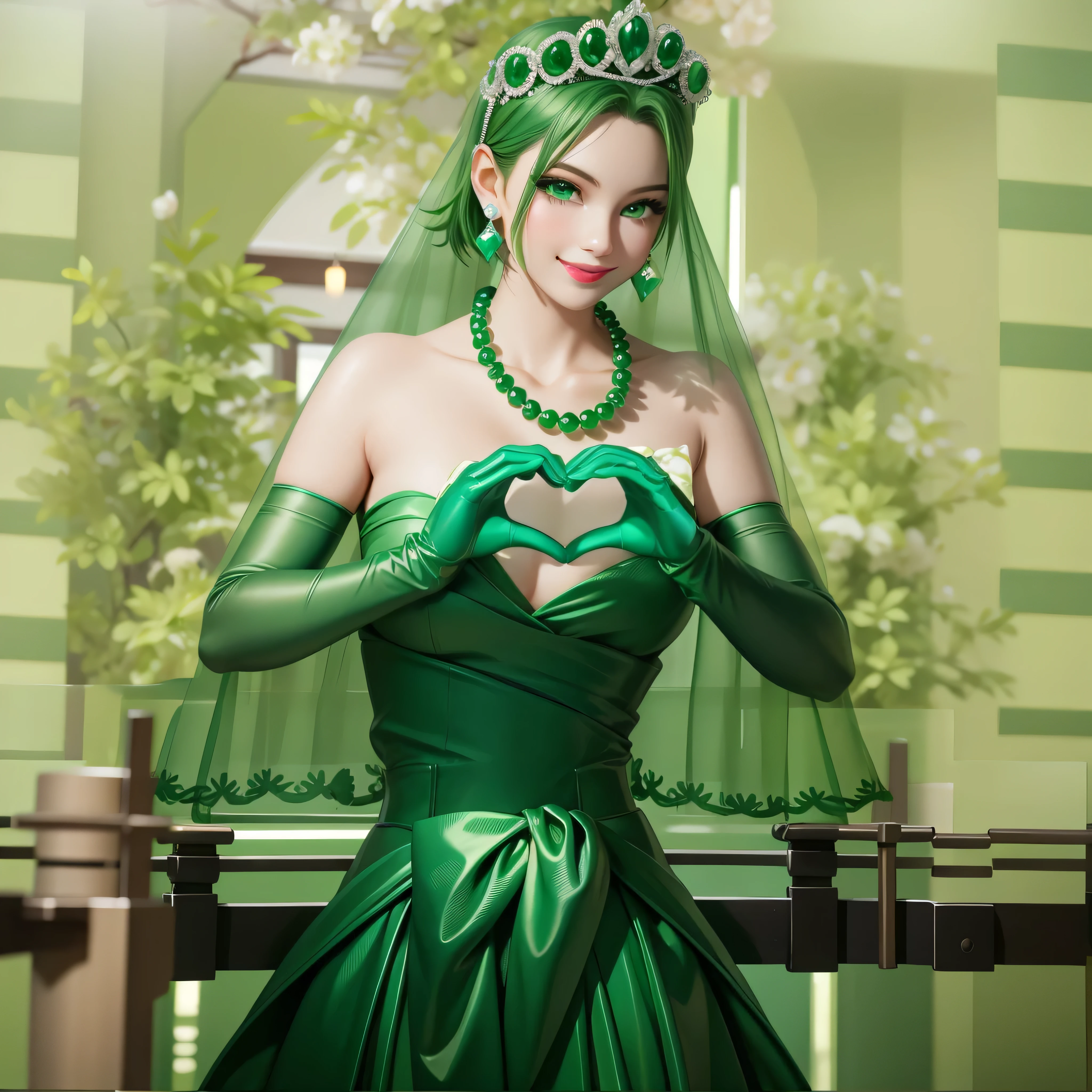 Emerald tiara, Green Pearl Necklace, Boyish very short green hair, Green Lips, Smiling Japanese woman, Very short hair, beautiful lady, Green Eyes, Green satin long gloves, Green Eyes, Emerald Earrings, Green veil, Heart with both hands, Green Hair, Beautiful Japanese Women, Heart shaped hands:1.3, green lip gloss