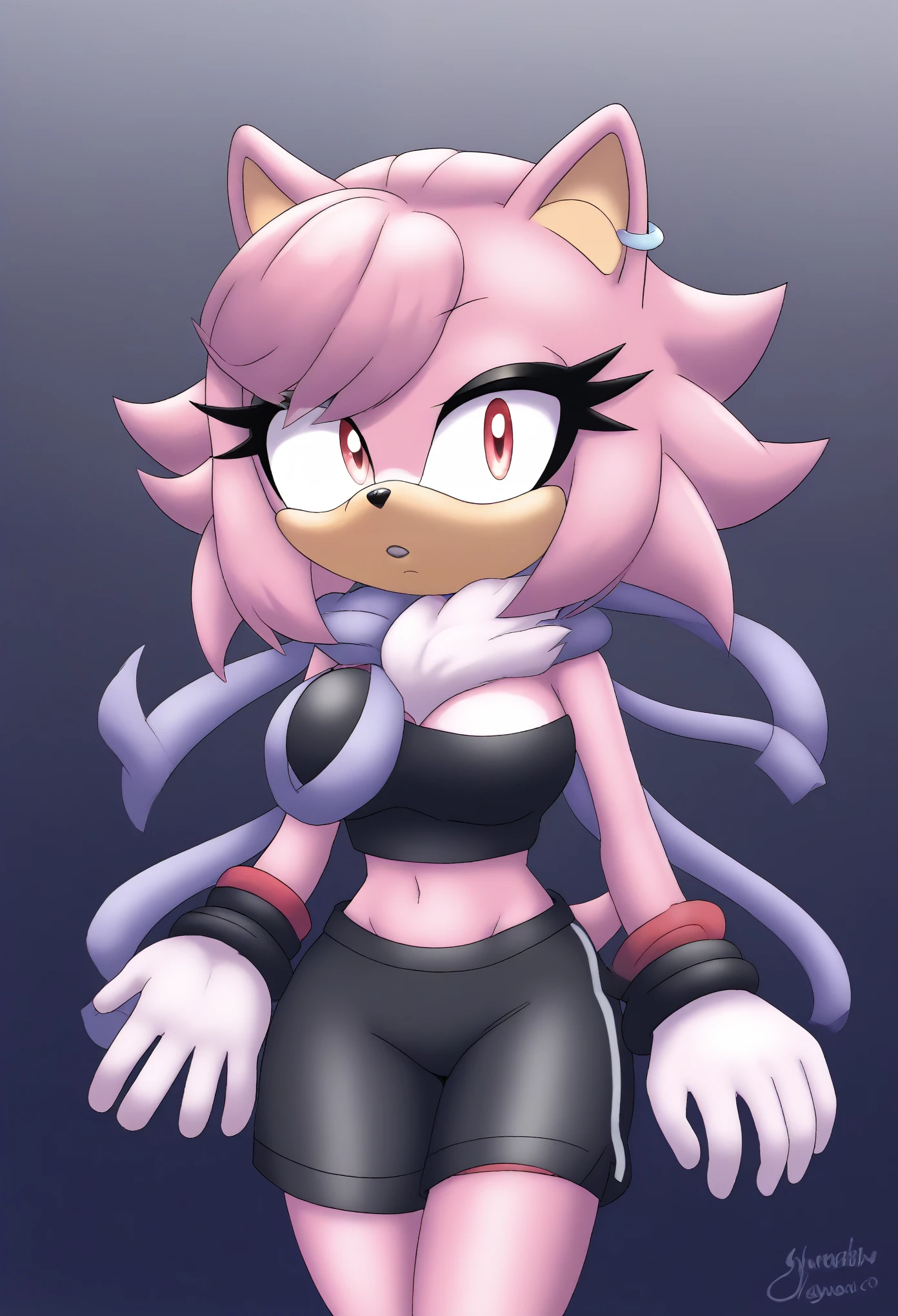 (1girl), (solo), Female Hedgehog, female Shadow, daughter of Shadow, (((pink fur))), ((Shadow the Hedgehog hairstyle)), (short quills), ((3 large hair bangs)), (side locks/quills over shoulders), red eyes, red patches of fur around eyes, (medium breasts), (small tuft of white chest fur around the neck area), (lavender tube top), (((black yoga shorts))), eyelashes, tough expression, daytime, mobian, mobius city