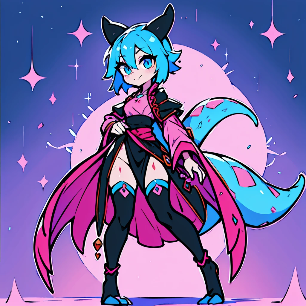 Lizard woman wearing a fantasy pink mage robe, small breasts, cute face, blue hair and blue eyes, full body, thin waist, kobold, wearing dress, wearing a pink embroidered shirt, cute, short, hot, sexy, long black stockings, pink lizard skin, pink lizard tail