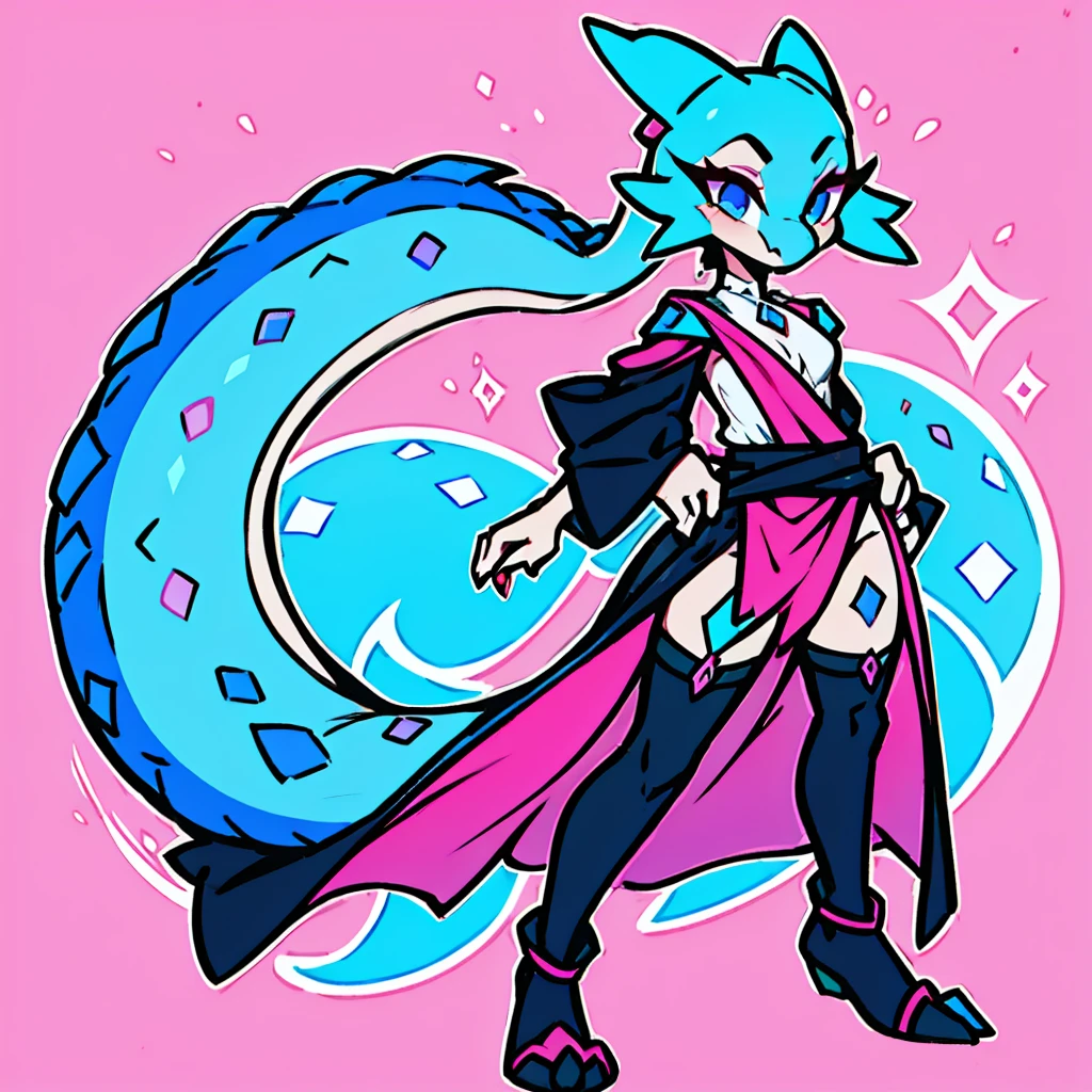 Lizard woman wearing a fantasy pink mage robe, small breasts, cute face, blue hair and blue eyes, full body, thin waist, kobold, wearing dress, wearing a pink embroidered shirt, cute, short, hot, sexy, long black stockings, pink lizard skin, pink lizard tail