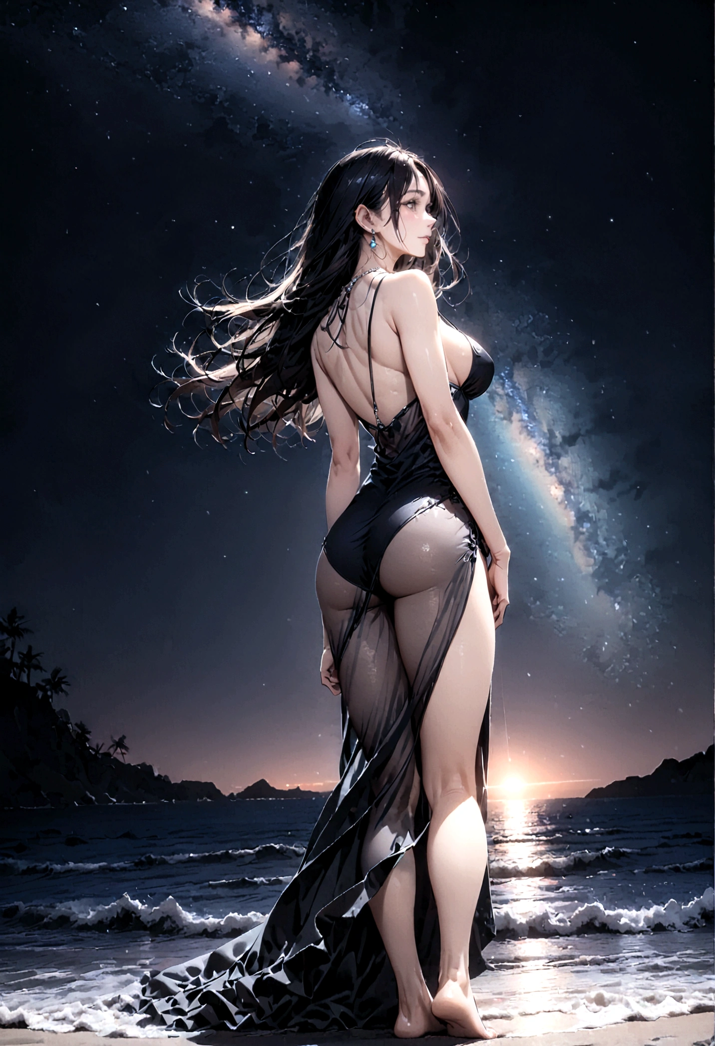 8k, masterpiece, RAW Photos, highest quality, Realistic, Very detailed, Depth of written boundary, Cinematic Light, Anatomically correct body,
One beautiful 40 year old woman, Very beautiful face, Exquisitely detailed face, (A calm and gentle face:1.4), Very delicate skin texture, Transparent muscle, Shiny white skin, Glamorous Body,
(Wavy black long hair:1.2), Sexy Breasts, Sexy ass,
(See-through slit long dress:1.2), (Detailed cloth texture:1.2), (Gorgeous necklace:1.1), (Gorgeous earrings:1.1),
(Dark starry background:1.4), (Milky Way:1.1), (milky way:1.1), (shooting star:1.1), (Dark coastline at night:1.4), (Pitch black sea surface:1.4),
(Standing on the beach:1.2),
