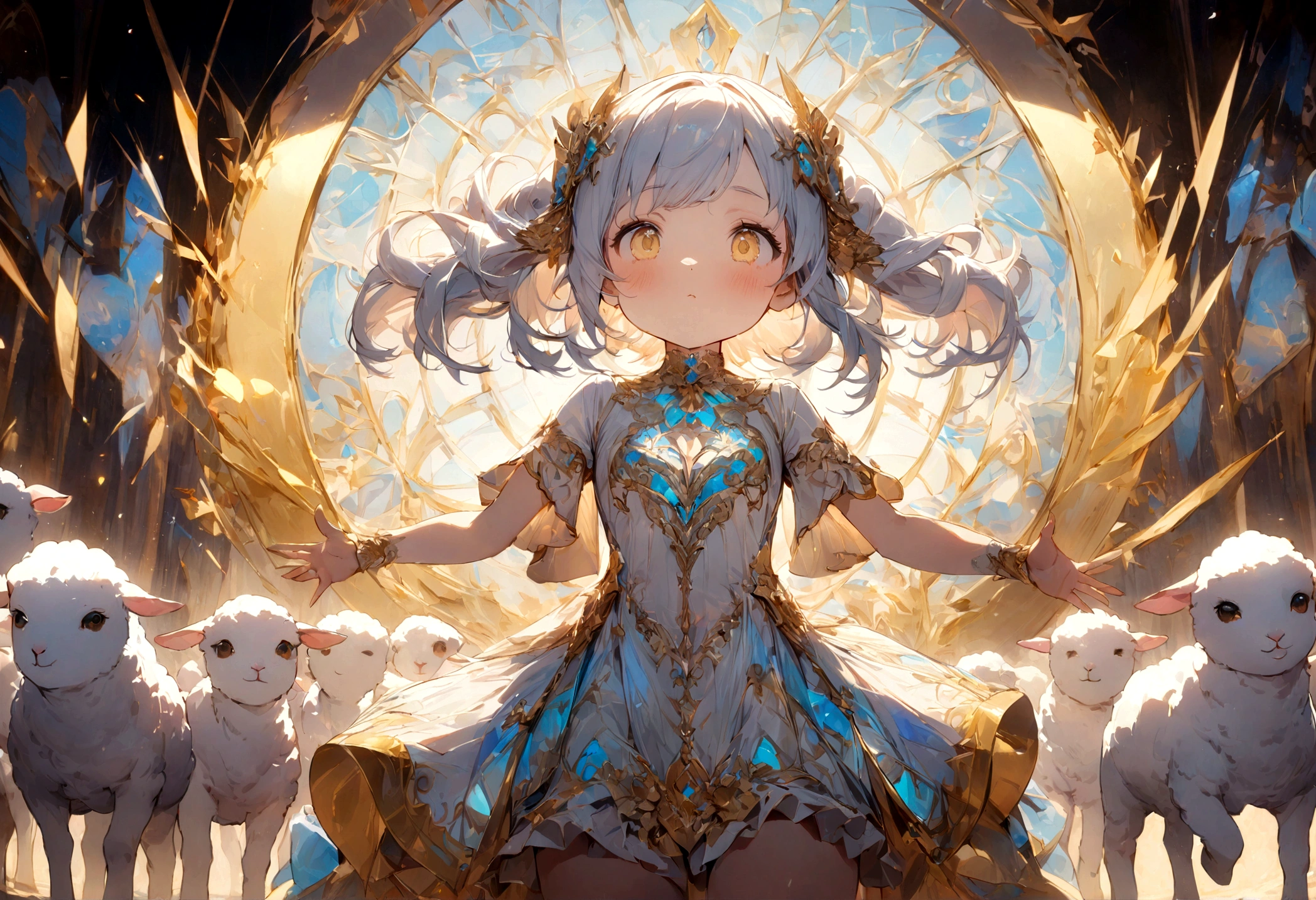 Masterpiece, best quality, 8k, high detail, hyper-detail, a cute lamb, light blue with holographic ornate designs, light pink and gold tetradic colors, approaching perfection