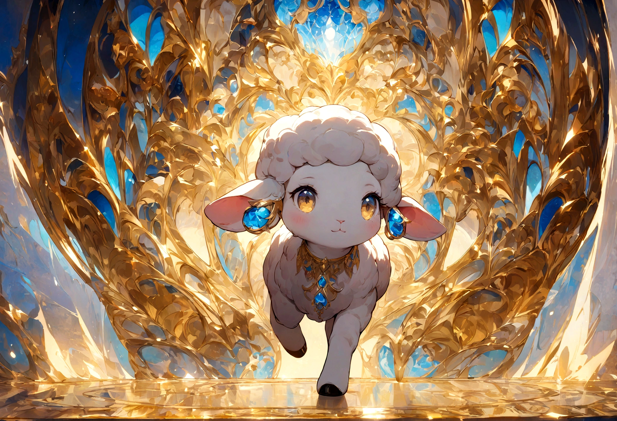 Masterpiece, best quality, 8k, high detail, hyper-detail, a cute lamb, light blue with holographic ornate designs, light pink and gold tetradic colors, approaching perfection