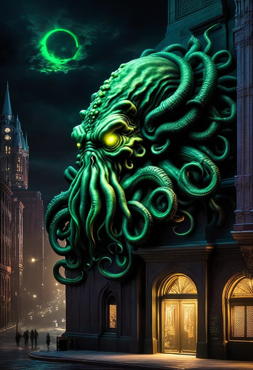 Cthulhu, Gigantic extraterrestrial creature sleeping for millennia in the city of R&#39;lyeh submerged under the waves of the Pacific Ocean, Cthulhu is worshiped as a god by deviant humans and aquatic beings who worship him immemorially through antediluvian sculptures, reproduire parfaitement sa forme vaguement humanoïde complétée d'une tête de seiche, de tentacules de pieuvre et d'ailes semblables à celles d'un dragon, Howard Phillips Lovecraft, Hyperrealistic and highly detailed Cthulhu, masterpiece, foule d’adorateurs en transe