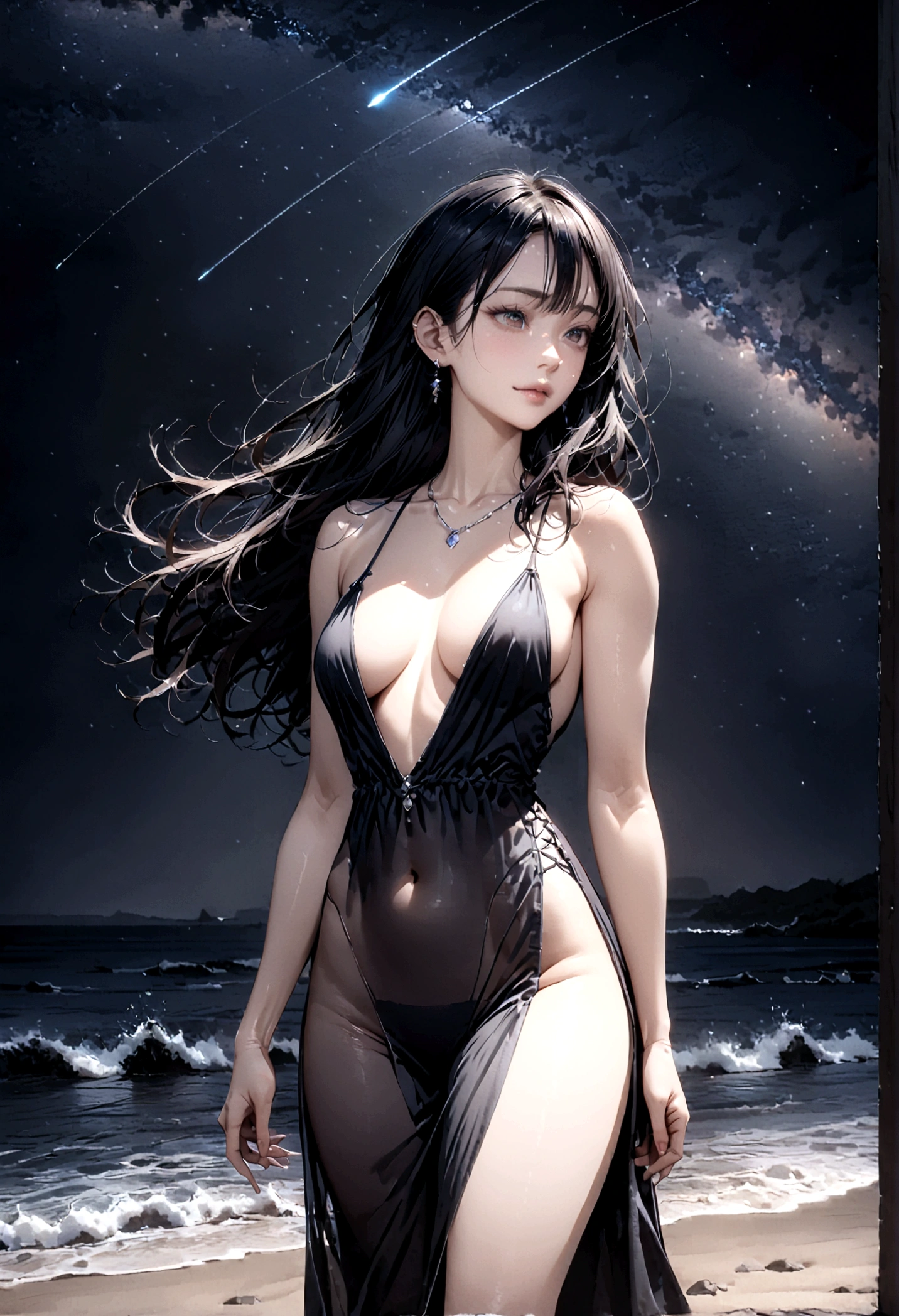 8k, masterpiece, RAW Photos, highest quality, Realistic, Very detailed, Depth of written boundary, Cinematic Light, Anatomically correct body,
One beautiful 40 year old woman, Very beautiful face, Exquisitely detailed face, (A calm and gentle face:1.4), Very delicate skin texture, Transparent muscle, Shiny white skin, Glamorous Body,
(Wavy black long hair:1.2), Sexy Breasts, Sexy ass,
(See-through slit long dress:1.2), (Detailed cloth texture:1.2), (Gorgeous necklace:1.1), (Gorgeous earrings:1.1),
(Dark starry background:1.4), (Milky Way:1.1), (milky way:1.1), (shooting star:1.1), (Dark coastline at night:1.4), (Pitch black sea surface:1.4),
(Standing on the beach:1.2),