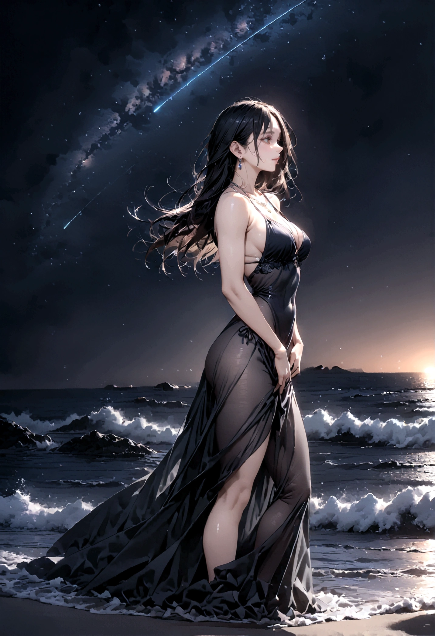 8k, masterpiece, RAW Photos, highest quality, Realistic, Very detailed, Depth of written boundary, Cinematic Light, Anatomically correct body,
One beautiful 40 year old woman, Very beautiful face, Exquisitely detailed face, (A calm and gentle face:1.4), Very delicate skin texture, Transparent muscle, Shiny white skin, Glamorous Body,
(Wavy black long hair:1.2), Sexy Breasts, Sexy ass,
(See-through slit long dress:1.2), (Detailed cloth texture:1.2), (Gorgeous necklace:1.1), (Gorgeous earrings:1.1),
(Dark starry background:1.4), (Milky Way:1.1), (milky way:1.1), (shooting star:1.1), (Dark coastline at night:1.4), (Pitch black sea surface:1.4),
(Standing on the beach:1.2),