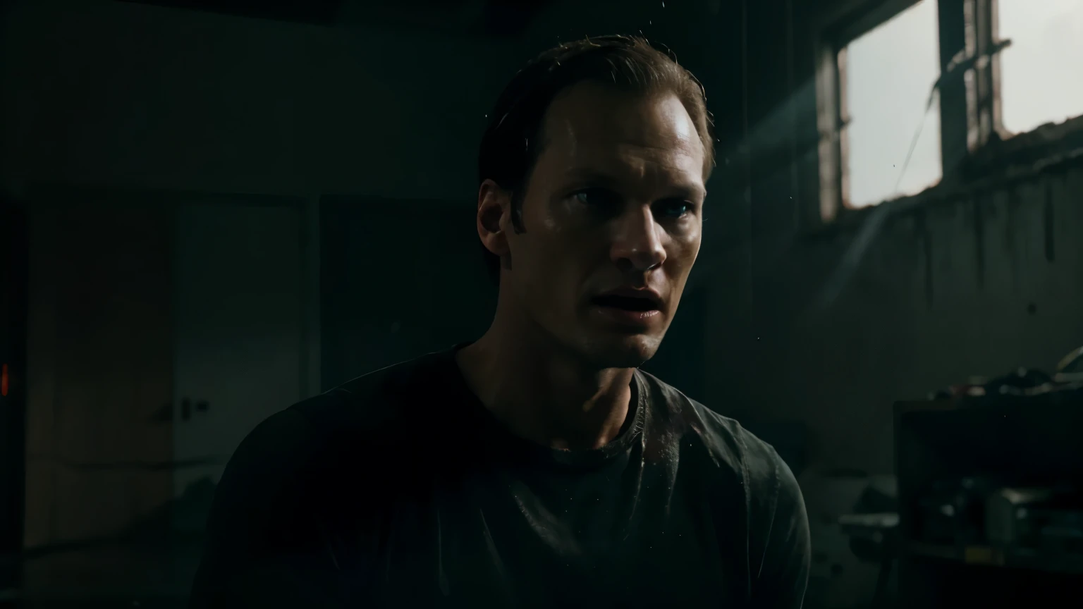 Jurassic Horror Terrified Patrick Wilson in a abandoned lab photography, natural light, photorealism, cinematic rendering, ray tracing, the highest quality, the highest detail, Cinematic, Third-Person View, Blur Effect, Long Exposure, 8K, Ultra-HD, Natural Lighting, Moody Lighting, Red light Cinematic Lighting flare