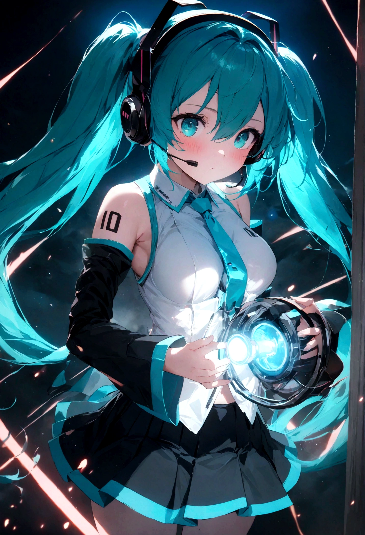 masterpiece, best quality, very aesthetic, absurdres, Epic,movie light,
hatsune_miku, vocaloid, aqua_eyes, aqua_hair,long_hair, twintails,aqua_necktie, white_shirt, black_skirt, black_sleeves, blush, breasts, collared_shirt, detached_sleeves, headphones, headset, medium_breasts, necktie, number_tattoo, pleated_skirt,