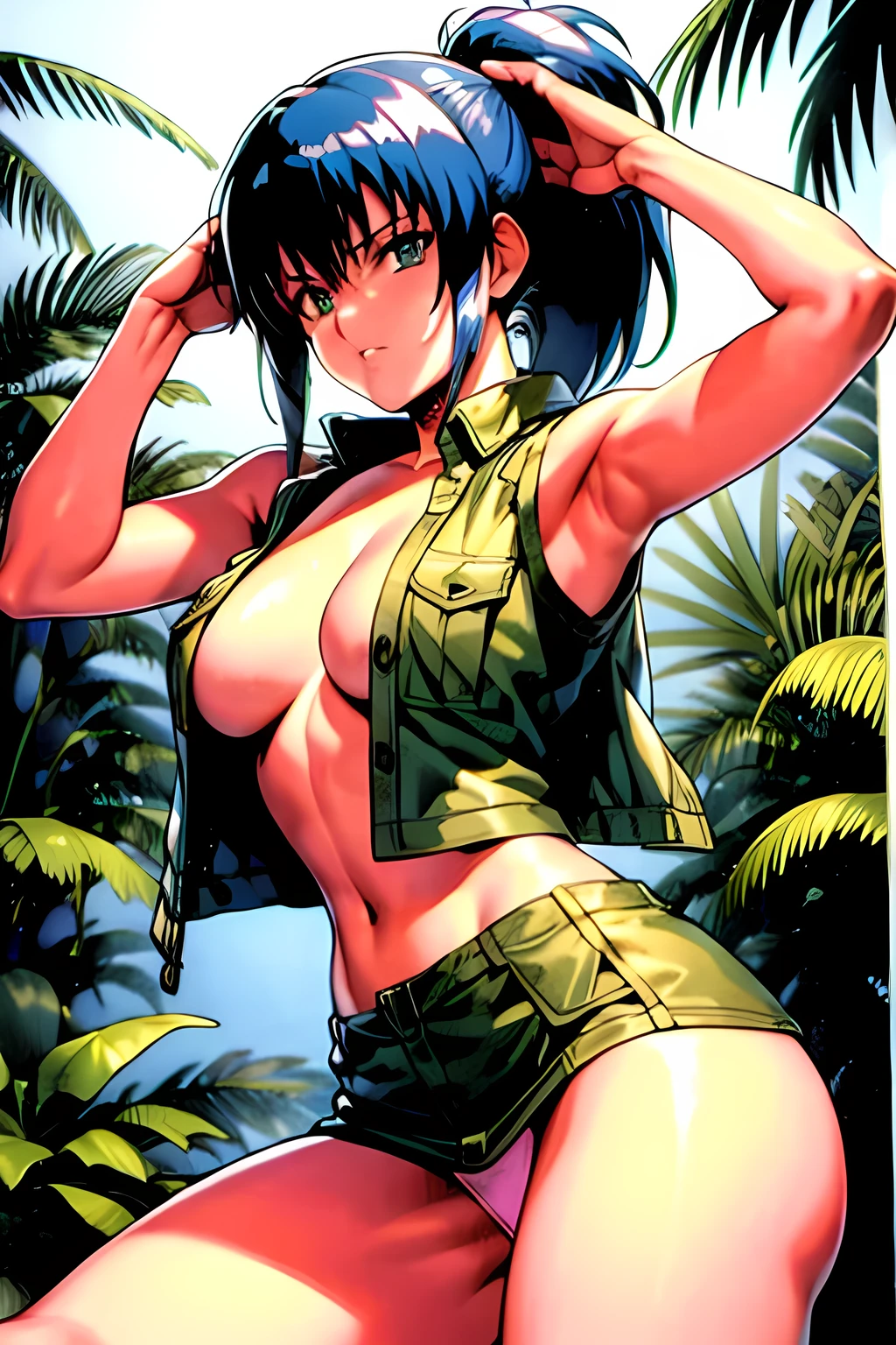 masterpiece, best quality, anime 1990s \(style\, leona heidern, naked,fully open vest, panty, jungle, army, cammo, pony tail.