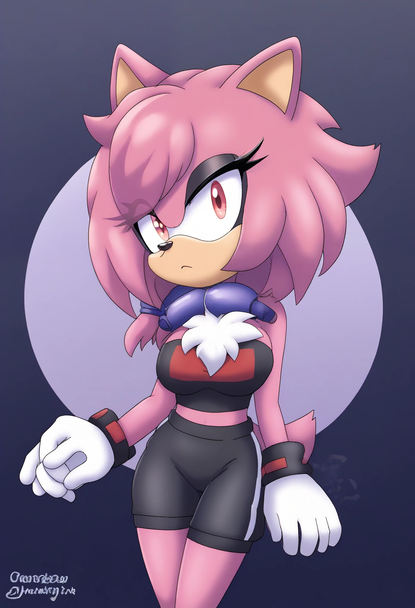 (1girl), (solo), Female Hedgehog, female Shadow, daughter of Shadow, (((pink fur))), ((Shadow the Hedgehog hairstyle)), (short quills), ((3 large hair bangs)), (side locks/quills over shoulders), red eyes, red patches of fur around eyes, (medium breasts), (small tuft of white chest fur around the neck area), (lavender tube top), (((black yoga shorts))), eyelashes, tough expression, daytime, mobian, mobius city