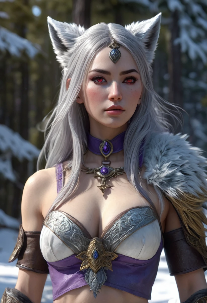 Northern female warrior, huge breasts with wolf decoration, Lined with wolf skin, Layered leather amulet, Long black hair, Purple eyes, Holding a long sword, (1 red-eyed albino direwolf standing beside her), Mountains, quiet snow forest, whole shot body, Realistic style, Super Detail, anatomically correct, masterpiece, accurate, textured skin, super detailed, high detail, award winning, 8k, hyperrealism, realistic lighting, ultra skin texsture, stable diffusion, perfect anatomy, crazy details, hyperrealism body, hyperrealism face, hyperrealism breast, hyperrealism hair, hyperrealism shadows, hyperrealism texsture, hyperrealism skin texsture, hyperrealism detailed face, hyperrealism detailed body, hyperrealism detailed breast, hyperrealism detailed hair, hyperrealism detailed anatomy, hyperrealism detailed lighting, hyperrealism detailed shadows, hyperrealism detailed texsture, hyperrealism detailed background