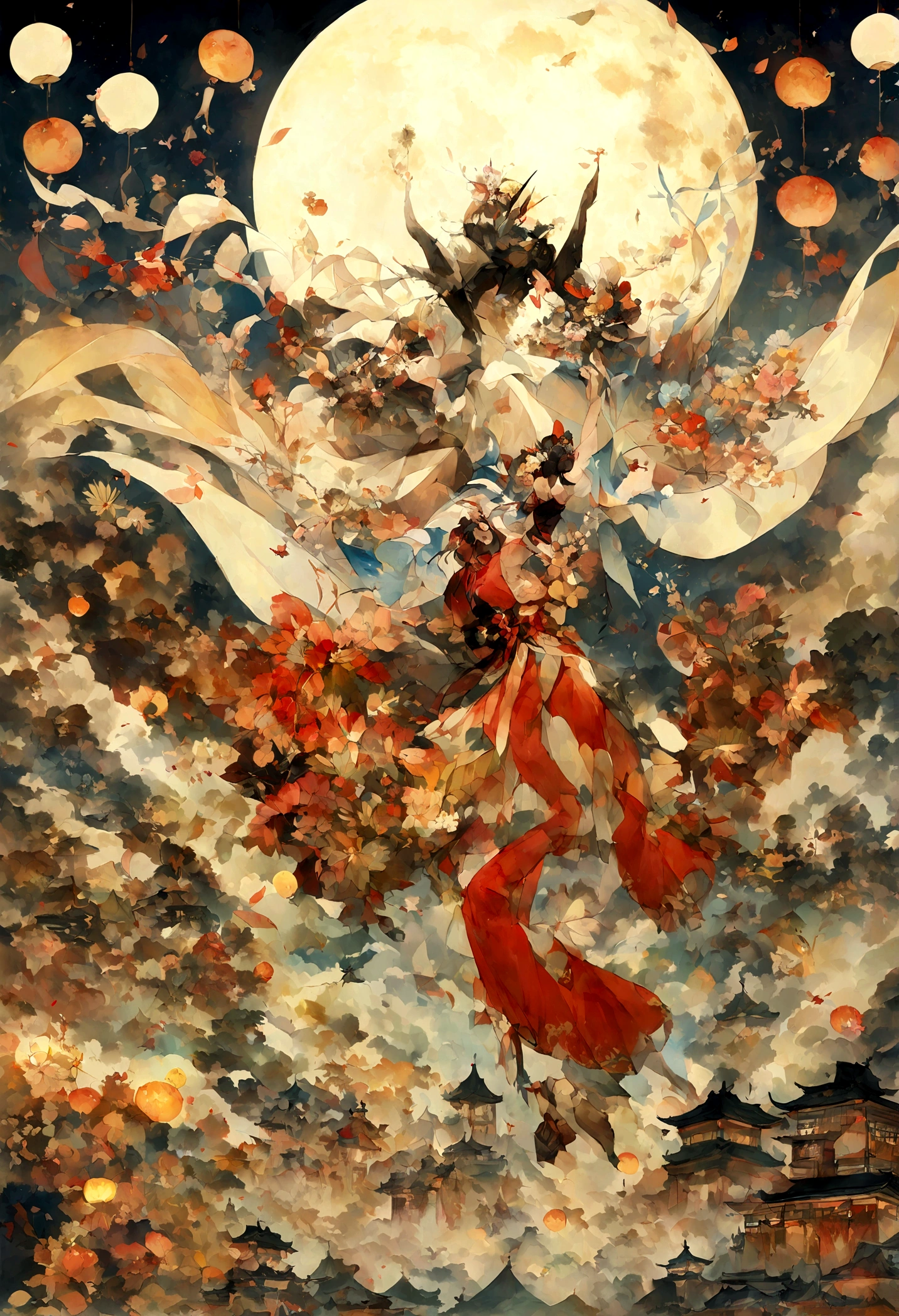 full moon,traditional Chinese festivals,Fairy,Fairy clothes,Streamers flutter,Hanfu,Flying,mid-air,Mid-Autumn Festival,artistic conception,Dunhuang murals,Ultra-high sharpness,Ultra-high resolution,8K