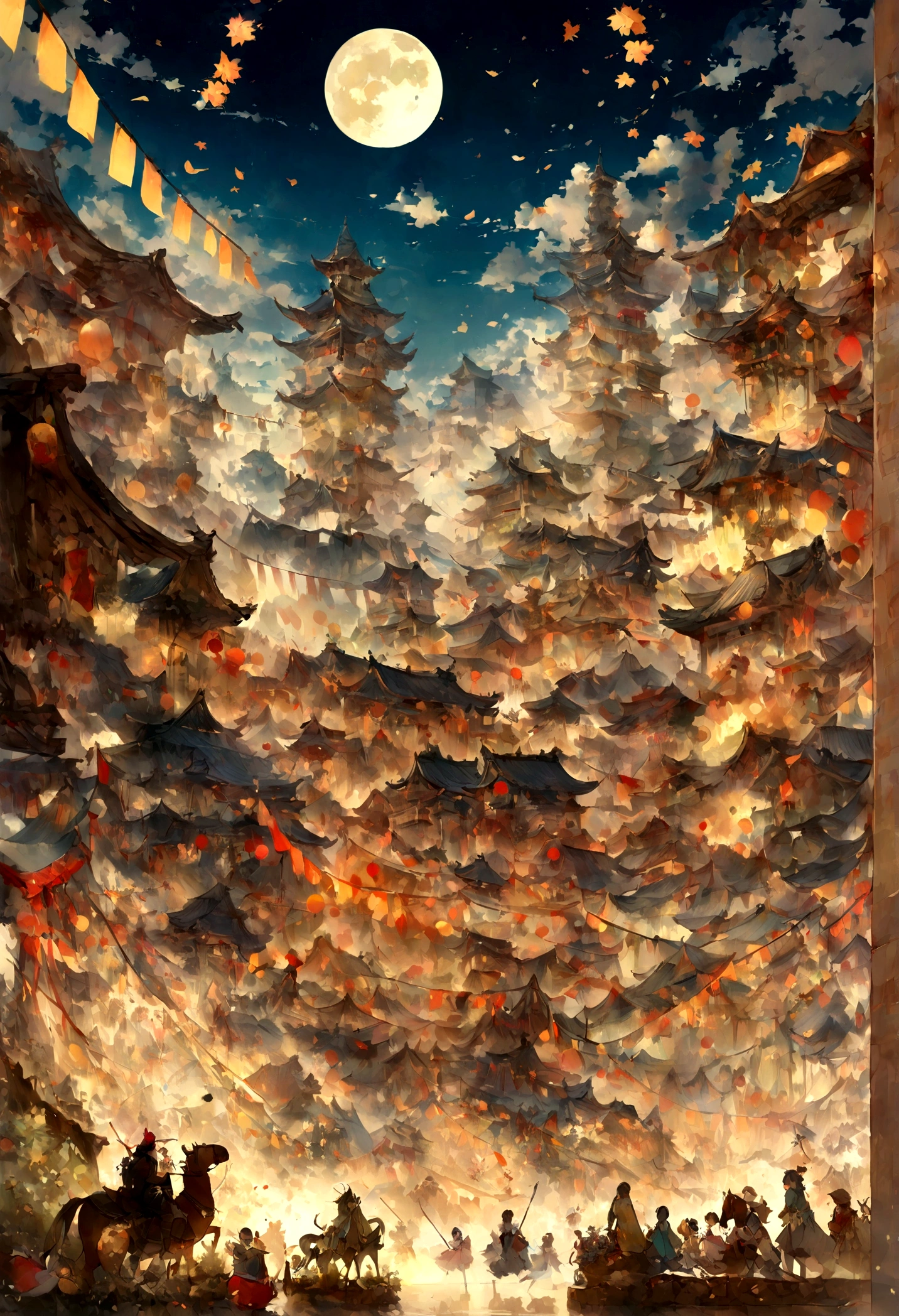 full moon，traditional Chinese festivals，Fairy，Fairy clothes，Streamers flutter，Hanfu，Flying，mid-air，Mid-Autumn Festival，artistic conception，Dunhuang murals，Ultra-high sharpness，Ultra-high resolution，8K