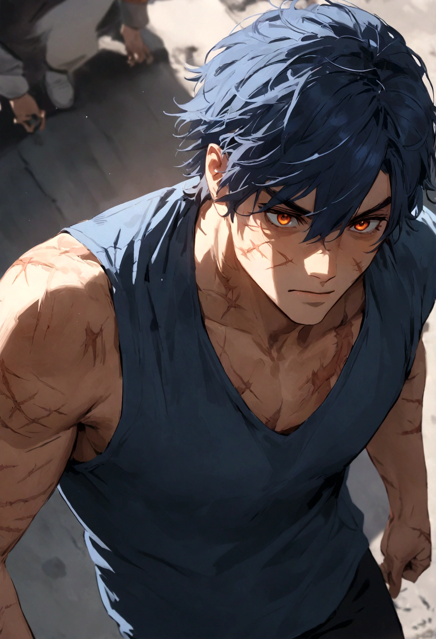 boy, man, male, navy blue hair, short hair, orange eyes, scars all over his body, uses basic clothes