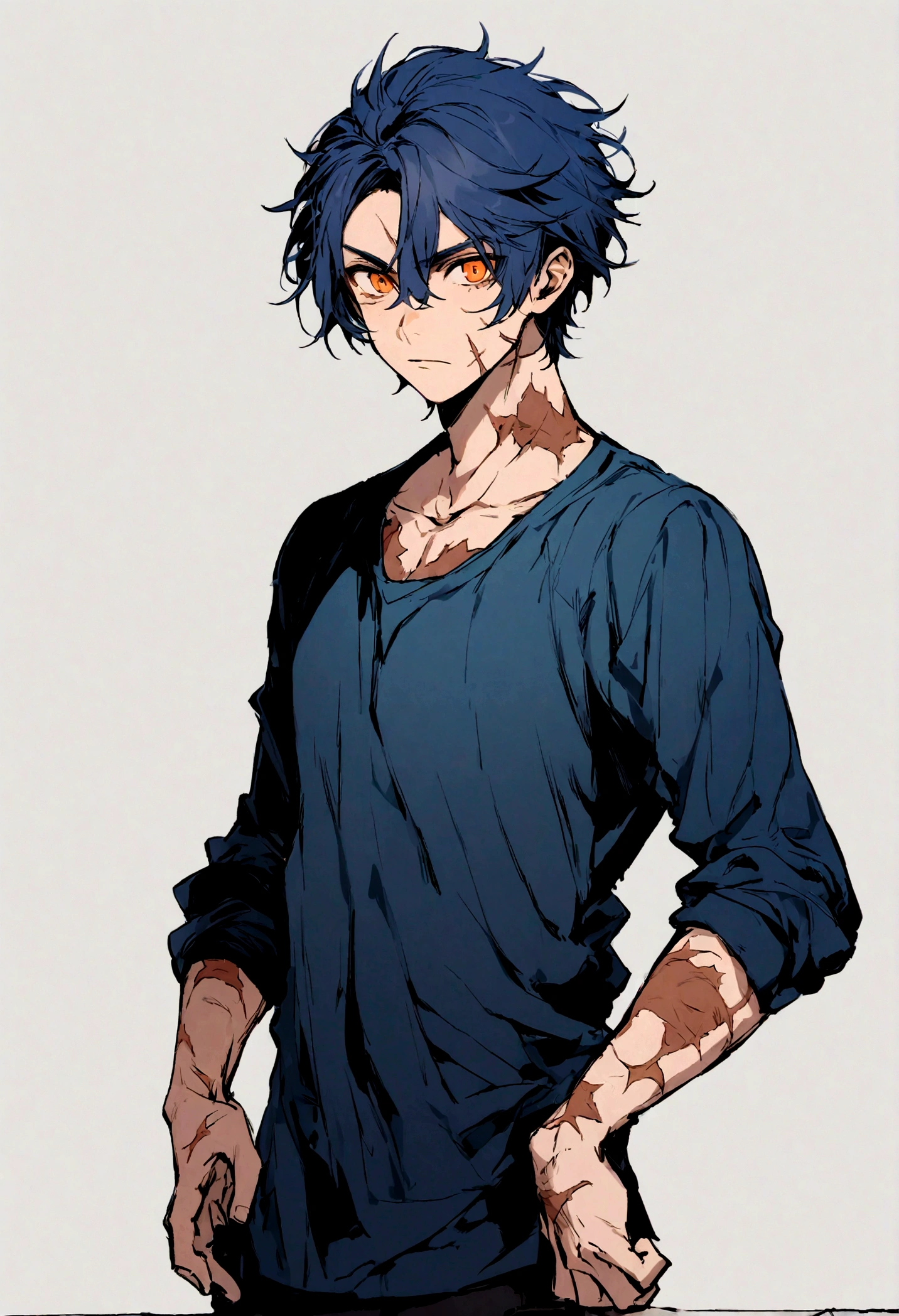 boy, man, male, navy blue hair, short hair, orange eyes, scars all over his body, uses basic clothes
