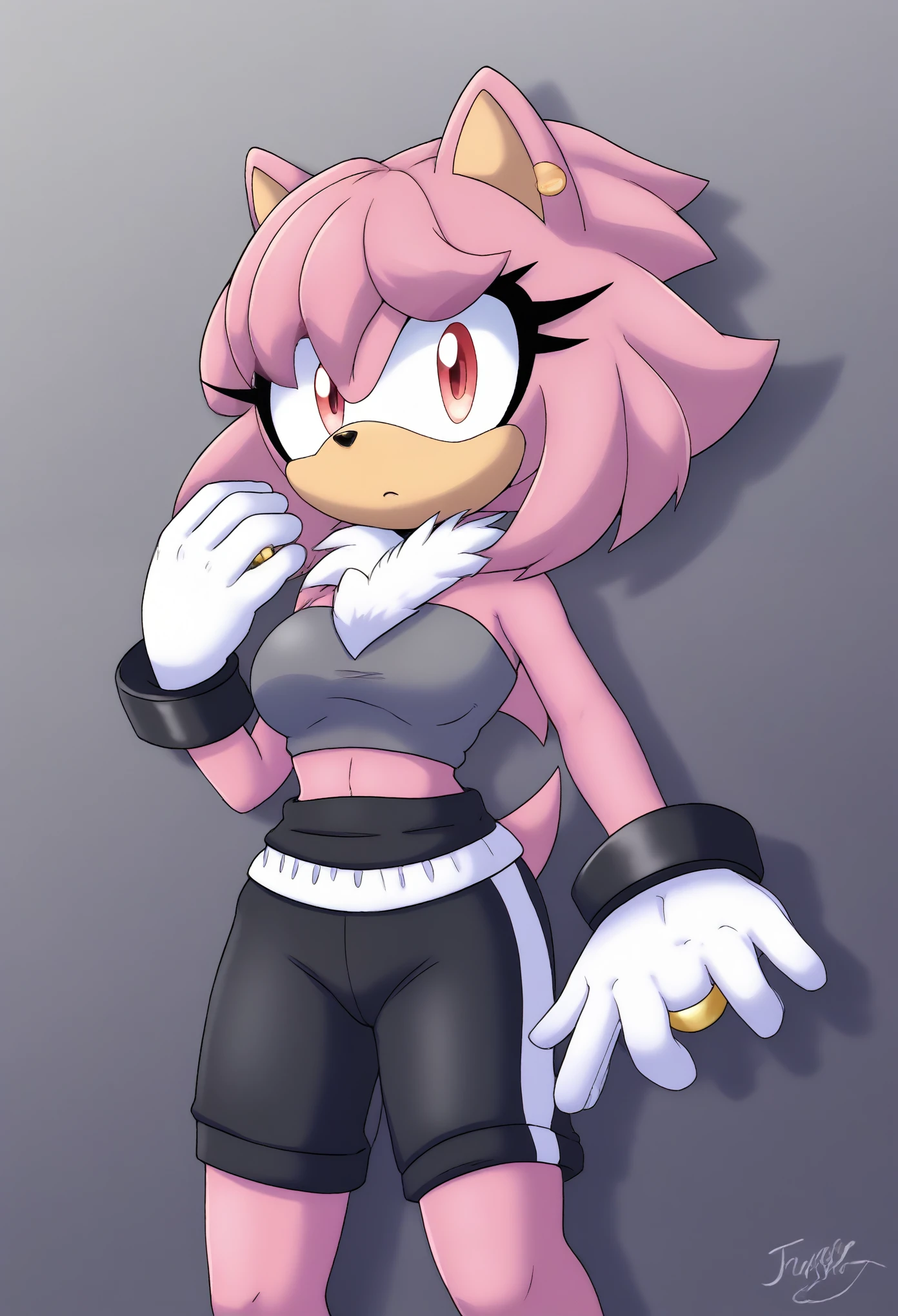 (1girl), (solo), Female Hedgehog, female Shadow, daughter of Shadow, (((pink fur))), ((Shadow the Hedgehog hairstyle)), (short quills), ((3 large hair bangs)), (side locks/quills over shoulders), red eyes, red patches of fur around eyes, (medium breasts), (small tuft of white chest fur around the neck area), (gray tube top), ((black yoga shorts)), white gloves with gold ring cuffs, eyelashes, tough expression, daytime, mobian, mobius city
