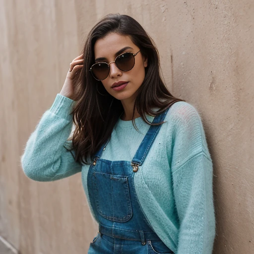 This image depicts a stylish young woman with dark hair wearing a bright yellow fuzzy sweater adorned with the word "SUNDAZE" across the front. She has her hand partially covering her face, revealing only her eyes which are accentuated by a pair of bold, blue-tinted sunglasses. The woman's expression is pensive and slightly guarded, yet her overall appearance conveys a sense of casual confidence and cool nonchalance. 

The background features a warm, orange-toned wall, adding a cozy and inviting atmosphere to the scene. The woman's outfit and accessories, including the striking sunglasses, create a fashionable and trendy visual aesthetic, further reinforcing the casual yet chic tone of the image. The overall composition and styling suggest a playful, relaxed, and effortlessly stylish mood.