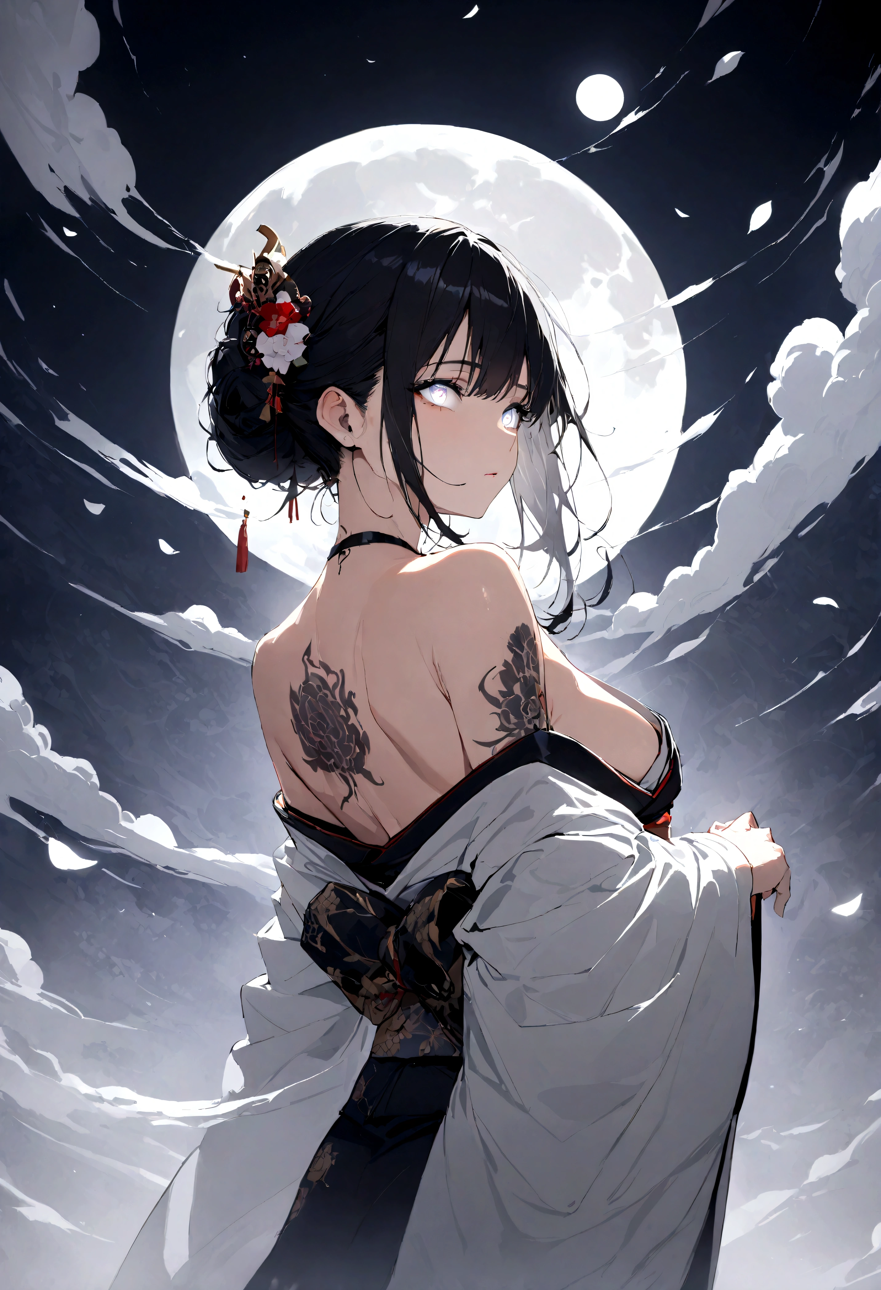 (masterpiece:1,2), best quality, masterpiece, highres, original, extremely detailed wallpaper, perfect lighting,geisha, kimono,Bare shoulder,back,Turn back,tattoo,(((Black and white))),Extreme detail,solo,Cold eyes,look up,Glowing eyes,byobu,moon,Black hair,petal,