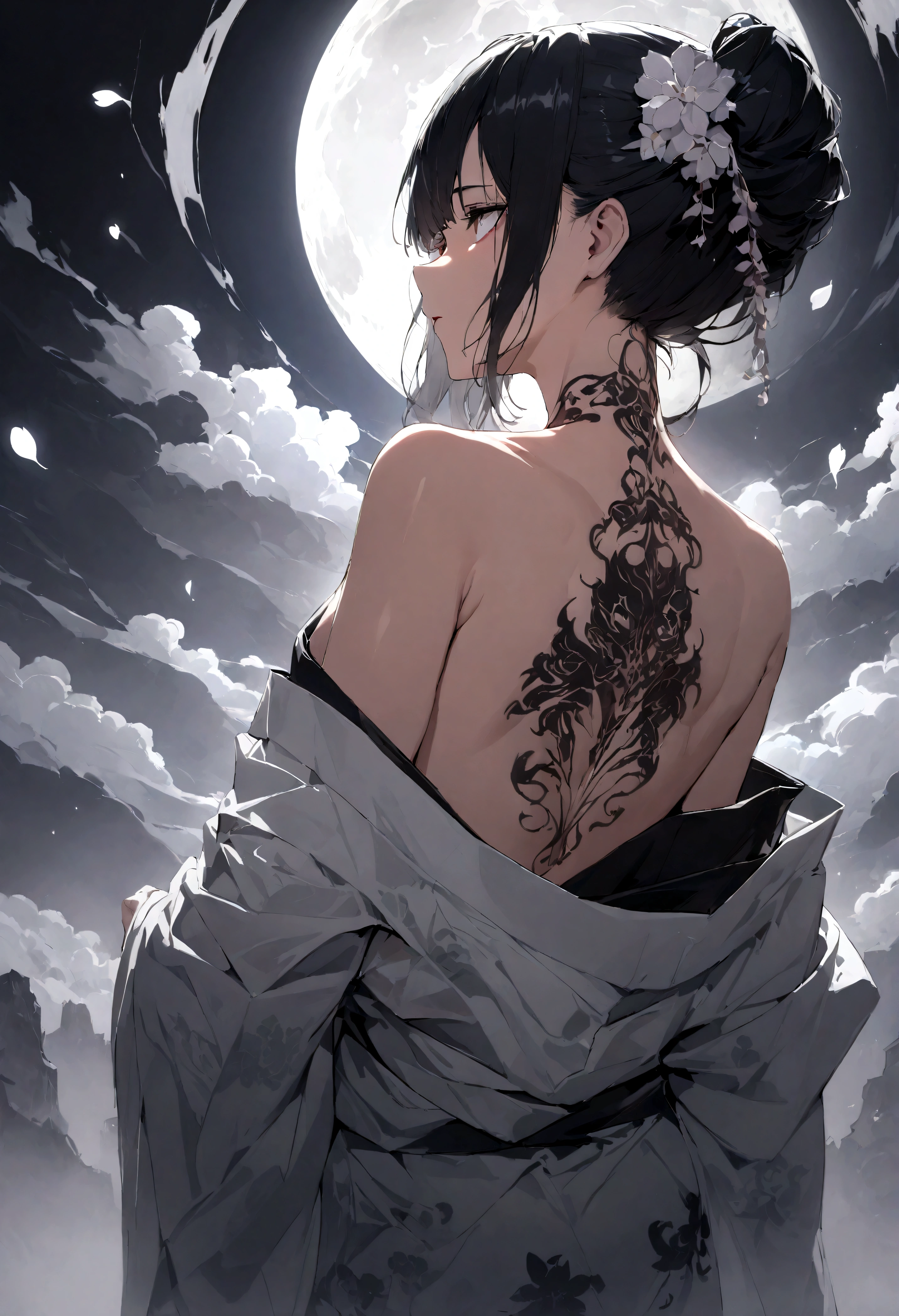 (masterpiece:1,2), best quality, masterpiece, highres, original, extremely detailed wallpaper, perfect lighting,geisha, kimono,Bare shoulder,back,Turn back,tattoo,(((Black and white))),Extreme detail,solo,Cold eyes,look up,Glowing eyes,byobu,moon,Black hair,petal,