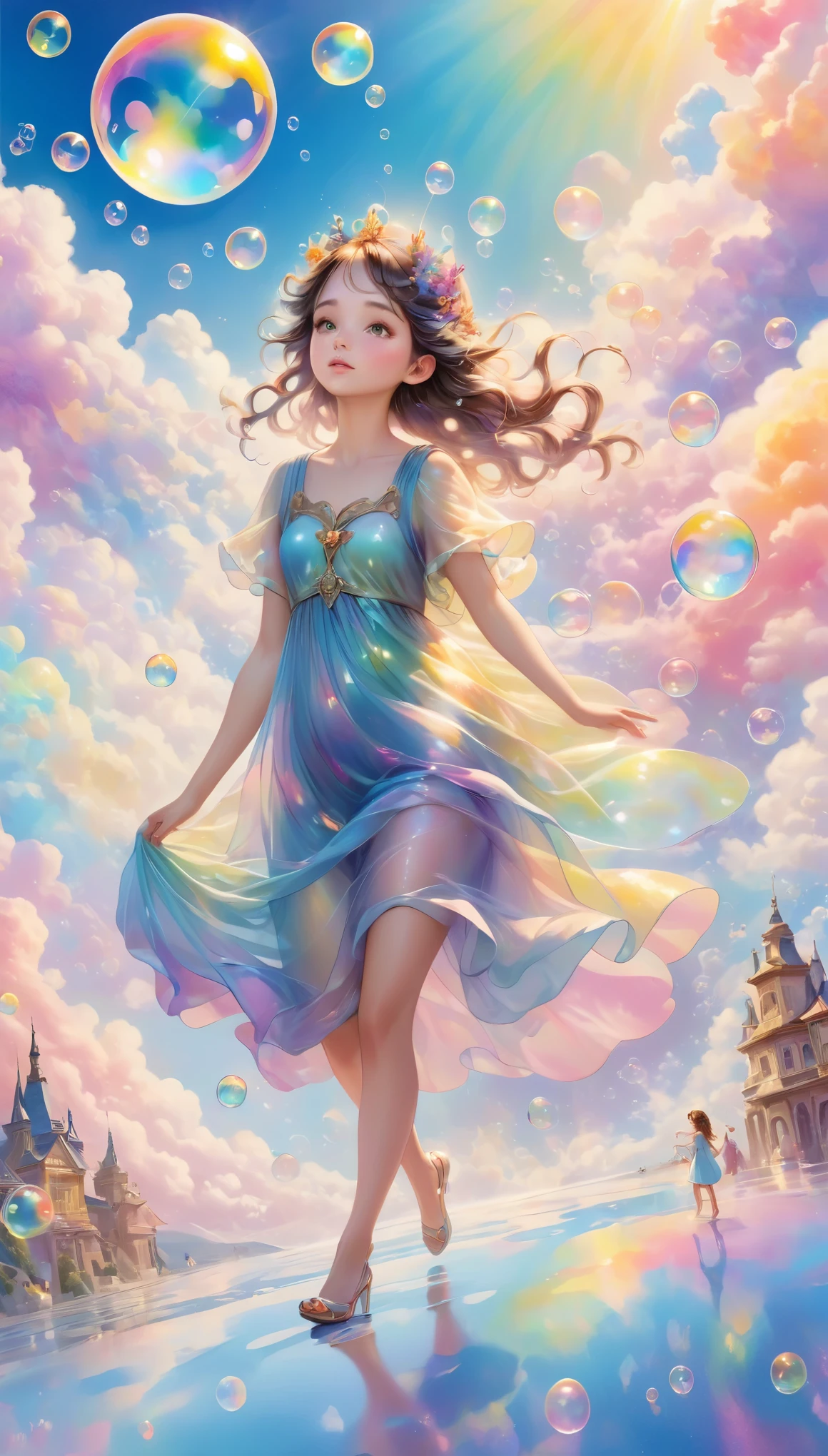 best quality, super fine, 16k, incredibly absurdres, extremely detailed, 2.5D, beautiful goddess, fairies and children walking on a carpet of iridescent soap bubbles, pastel-colored clouds, sunshine, pop art, delicate and dynamic effects that combine the tastes of oil painting and watercolor painting, iridescent fantasy