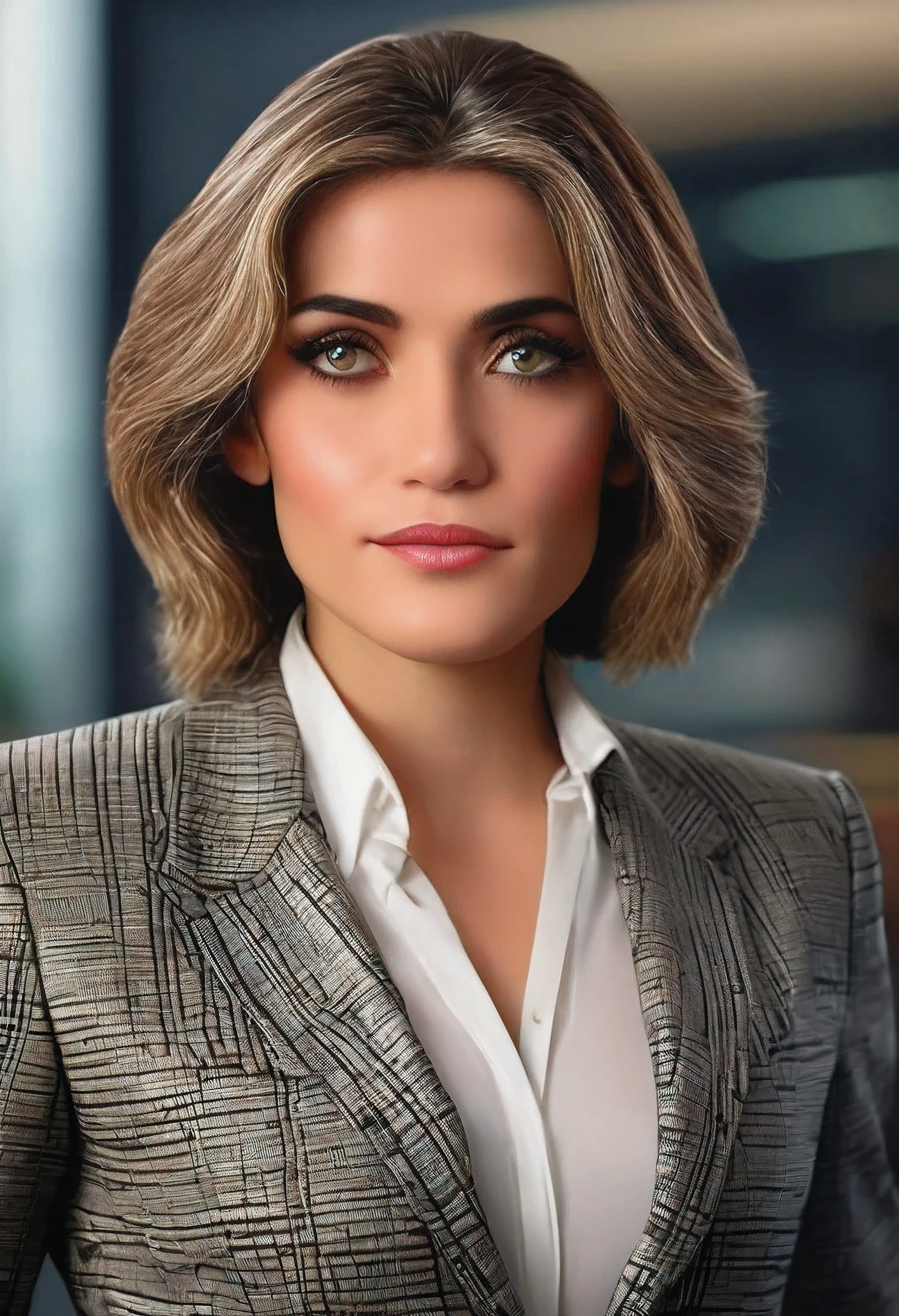 (masterpiece:1.2), (best quality,:1.2), a woman with shoulder length hair, intense gaze, wearing a blazer, skirt, standing, office suit:1.2, ceo of a corporation, turtleneck, solo, looking at the viewer, from front, office background beautiful face, detailed face, photorealism, perfect composition, half body, dark eyes,