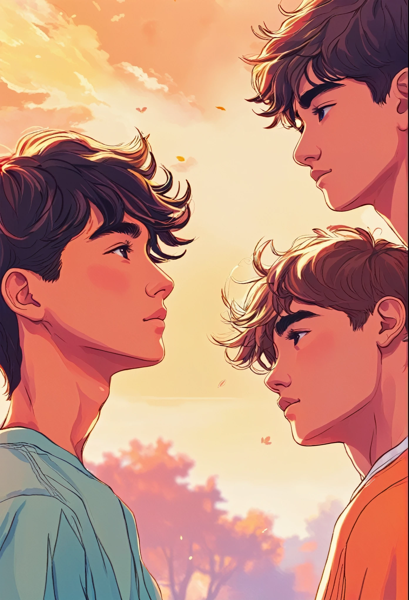 A warm-colored Wattpad book cover about two teenage boys looking into each other&#39;s eyes, ambos con cabello negro, one longer than the other, que la portada contenga girasoles.  Que se vea en una calidad de dibujo, and whose title is “Your sun-colored eyes”