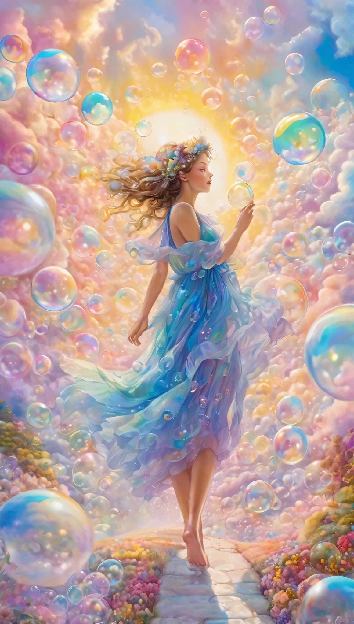 best quality, super fine, 16k, incredibly absurdres, extremely detailed, 2.5D, beautiful goddess, fairies and children walking on a carpet of iridescent soap bubbles, pastel-colored clouds, sunshine, pop art, delicate and dynamic effects that combine the tastes of oil painting and watercolor painting, iridescent fantasy