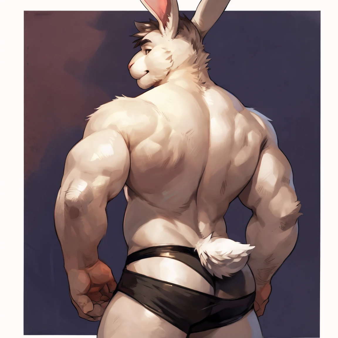 Medium muscular, rabbit, light gray, light gray rabbit, rabbit in underwear, black underwear, box underwear, long ears, from back, back view, posing, with short tail, tail, rabbit tail, bunny, bunny tail, anatomy, good anatomy, perfect anatomy, male anatomy, perfect body, By darkgem, by mystikfox61, by glitter trap boy