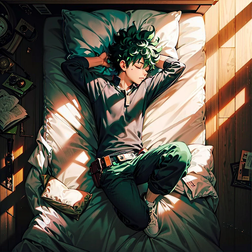 Izuku midoriya version adulto y grande, durmiendo placidamente en su cama.