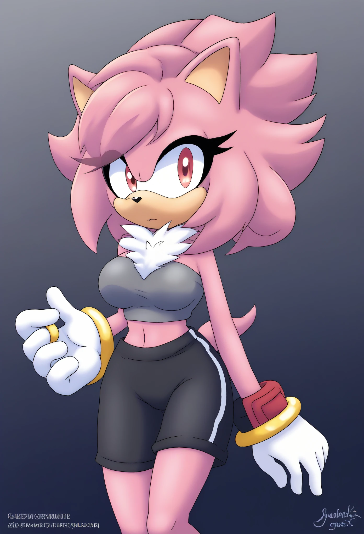 (1girl), (solo), Female Hedgehog, female Shadow, daughter of Shadow, (((pink fur))), ((Shadow the Hedgehog hairstyle)), (short quills), ((3 large hair bangs)), (side locks/quills over shoulders), red eyes, red patches of fur around eyes, (medium breasts), (small tuft of white chest fur around the neck area), (gray tube top), ((black yoga shorts)), white gloves with gold ring cuffs, eyelashes, tough expression, daytime, mobian, mobius city