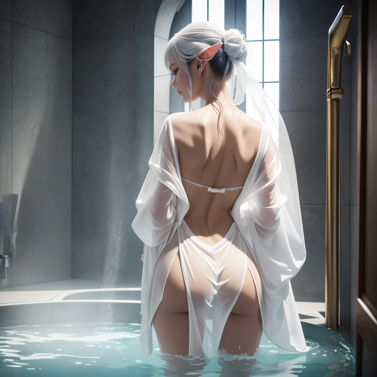 Eine elfe in einer wasserquelle, sie badet, Rear view, white transparent wet robe