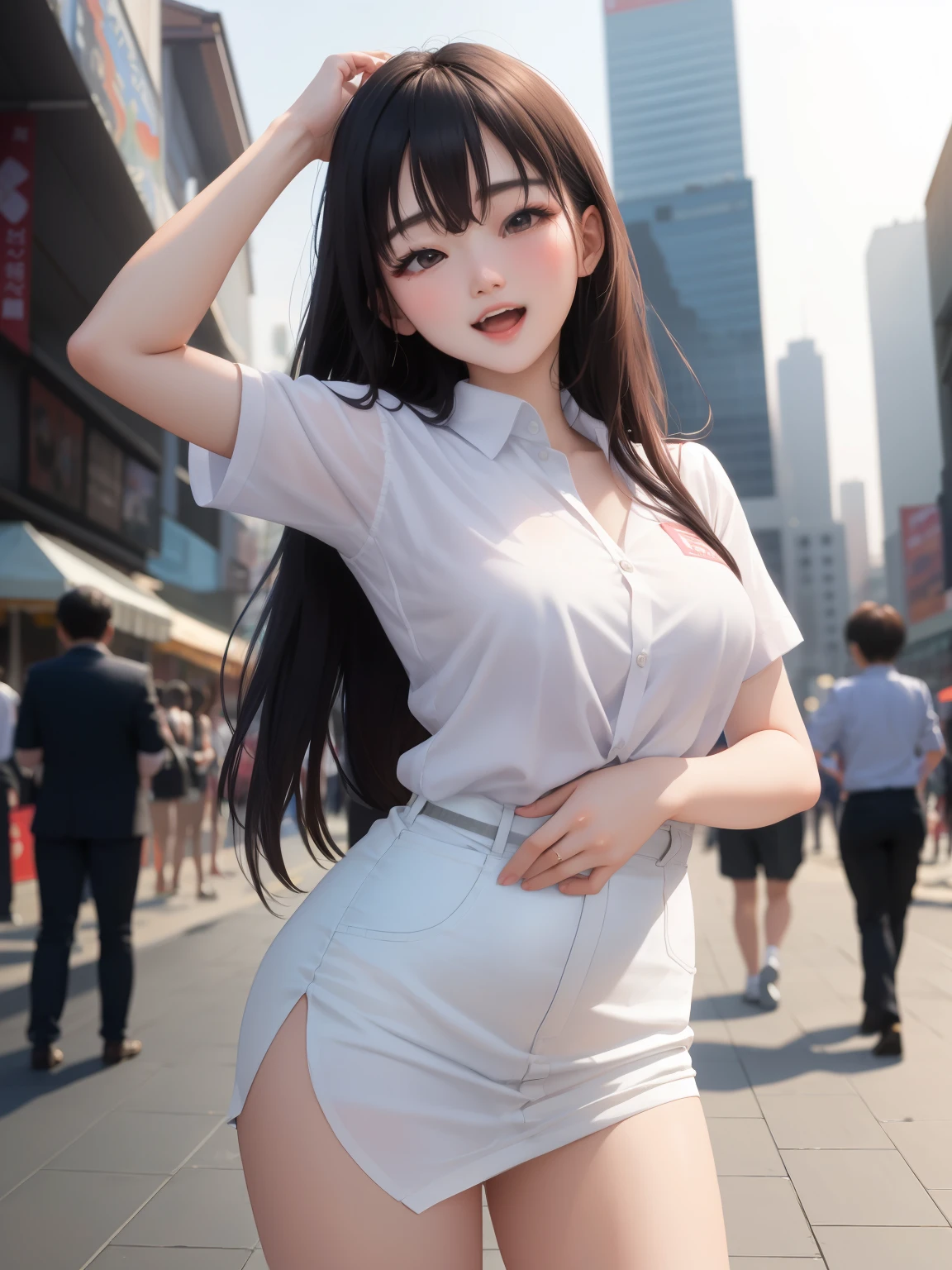 Korean sexy girl, (18 years old), in the city square, dawn, slender, excited expression, (from bottom view), (masterpiece, best quality, extremely detailed, hyper realistic)