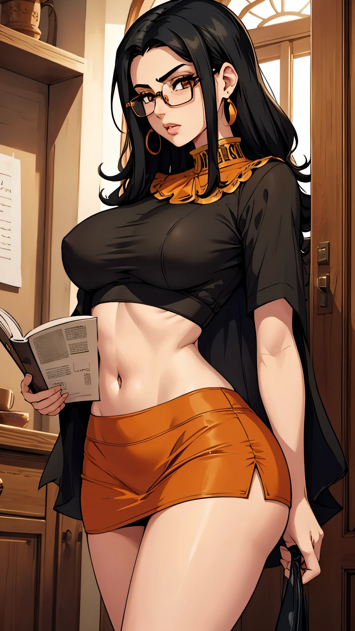Arab girl deep black hair, long and ironed. reading glasses, a mole on her cheek, she wears a miniskirt, an orange blouse open at the back. Busty