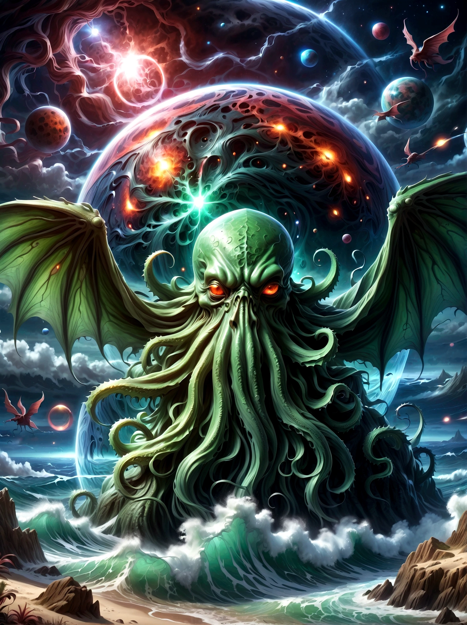 Cthulhu mythical creatures，Cthulhu，Space background，，Very detailed,8K