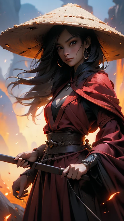 (La mejor calidad,A high resolution,Ultra - detallado,actual),Ariana Grande Chinese vampire with bamboo hat, sangre doblada, poderes de sangre, un ojo dorado, Mejor calidad, Ultra high resolution, (Realism: 1.4), Profundidad de campo, More detailed 8K.motor irreal:1.4,HD,La mejor calidad:1.4, fotorrealista:1.4, textura de la piel:1.4, obra maestra:1.8,obra maestra, mejor calidad,objeto Objeto], (rasgos faciales detallados:1.3),(Las proporciones correctas),(Ojos hermosos rojos :1.4 ),  (pose vaquero), (perfect anatomy:1.4 ), (dedos detailed:1.4 ), (fondo caverna piedras grandes :1.4), (mostrando lingerie rojo magma) 