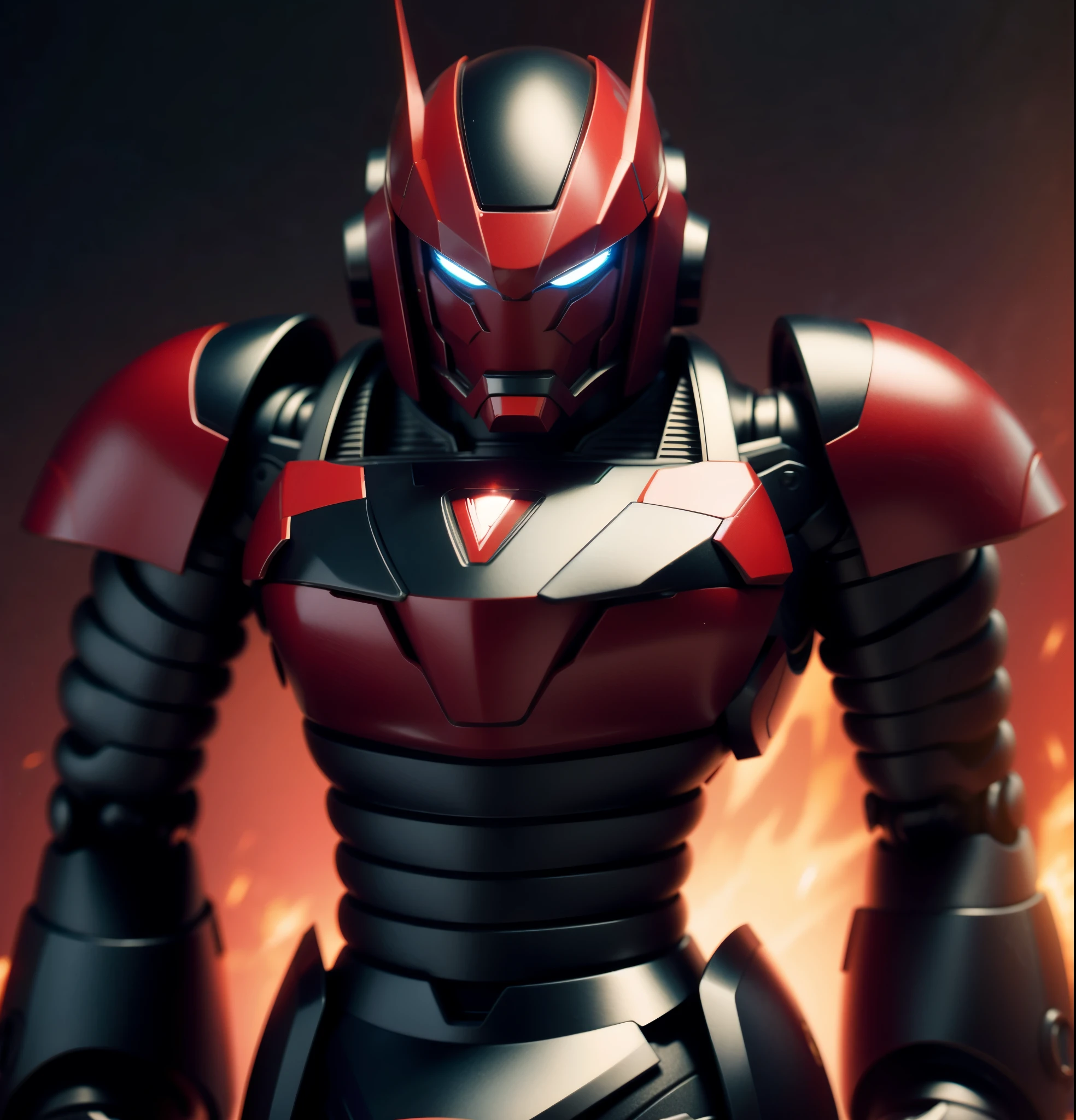 Round armor, robot, cyber, high quality, black iron body, red eyes, battlefield in the background,Bright background,