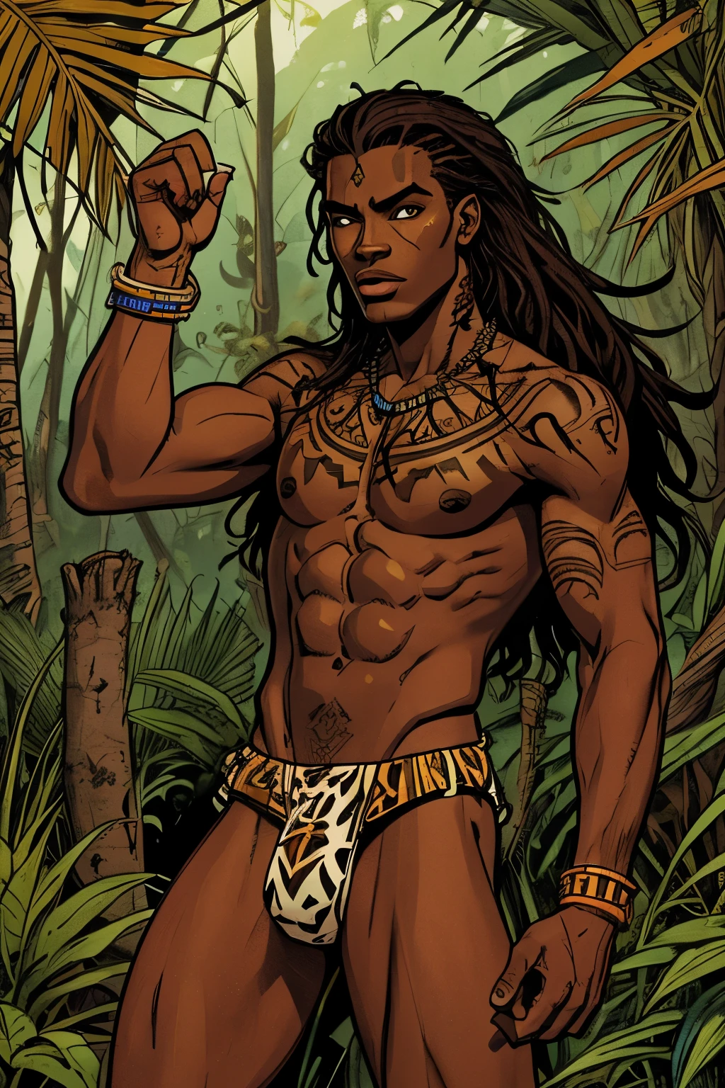 Athletic African femboy, handsome male, his eyes hazel colored, dark_skin, brown_body, tattoos all over; tribal, loincloth, zulu tribesman, messy long hair, jungle hunter, vivid colors