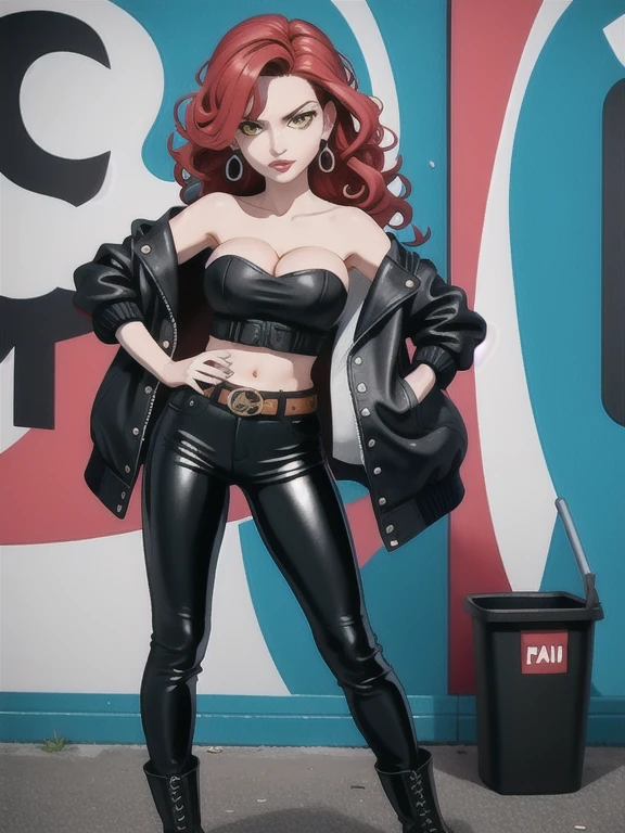 ((masterpiece), best quality, high quality, professional quality, highly detailed, highres, perfect lighting, natural lighting), Whirling and swirling, rash guard, Femme fatale, Short, Narrow Hips, Square Face, perfect eyes eyes, Fair Skin, Red Hair, yellow Eyes, Long Nose, Pouty Lips, Prominent Chin, Shoulder-Length Hair, Curly Hair, Shaggy Cut, big breasts, teal metallic lipstick, ((Wearing: Black opened jacket, Strapless leather top, tight black pants, belt and leather boots:1.2)), cleavage, midriff, she's looking at the camera with an inexpressive look, she's smoking a cigarette, Graffiti Alley, Trash Can, she's leaning up against a wall.