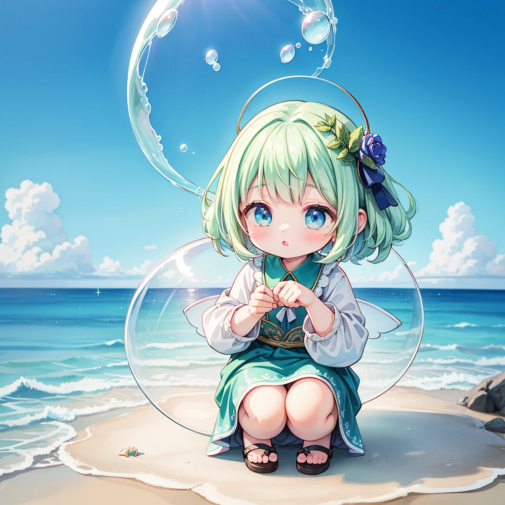 highest quality、Tabletop、Award-winning works、Ultra-fine down to the smallest detail、Ultra detailed face、pastel colour、A Kind World、Little、Leprechaun、Squat down and talk to the little fairy of the sea、Sparkling、The best light source、Blue sky and blue sea、Transparent watercolor、