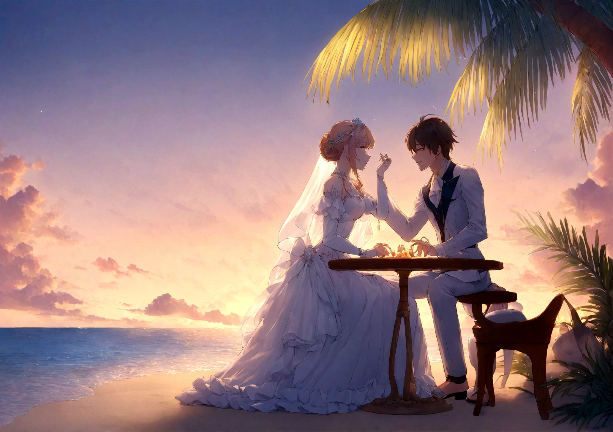 "Imagine a stunning seaside setting, em Punta Cana, on Bávaro beach, no Paradisus Palma Real. A lua cheia ilumina suavemente a cena, while large palm trees sway to the rhythm of the sea breeze. A luxuriously arranged table is positioned on the sand, sob uma pequena tenda de bambu, adorned with mini lamps that sparkle like water drops. A couple is dressed in white, sitting on table, sharing an intimate and romantic moment. The man kneels at the woman's feet, segurando uma pequena caixa. He opens the box to reveal a beautiful ring., enquanto declara seu amor e faz o pedido de casamento. Capture the emotion, the beauty and romance of this unique moment by the sea."