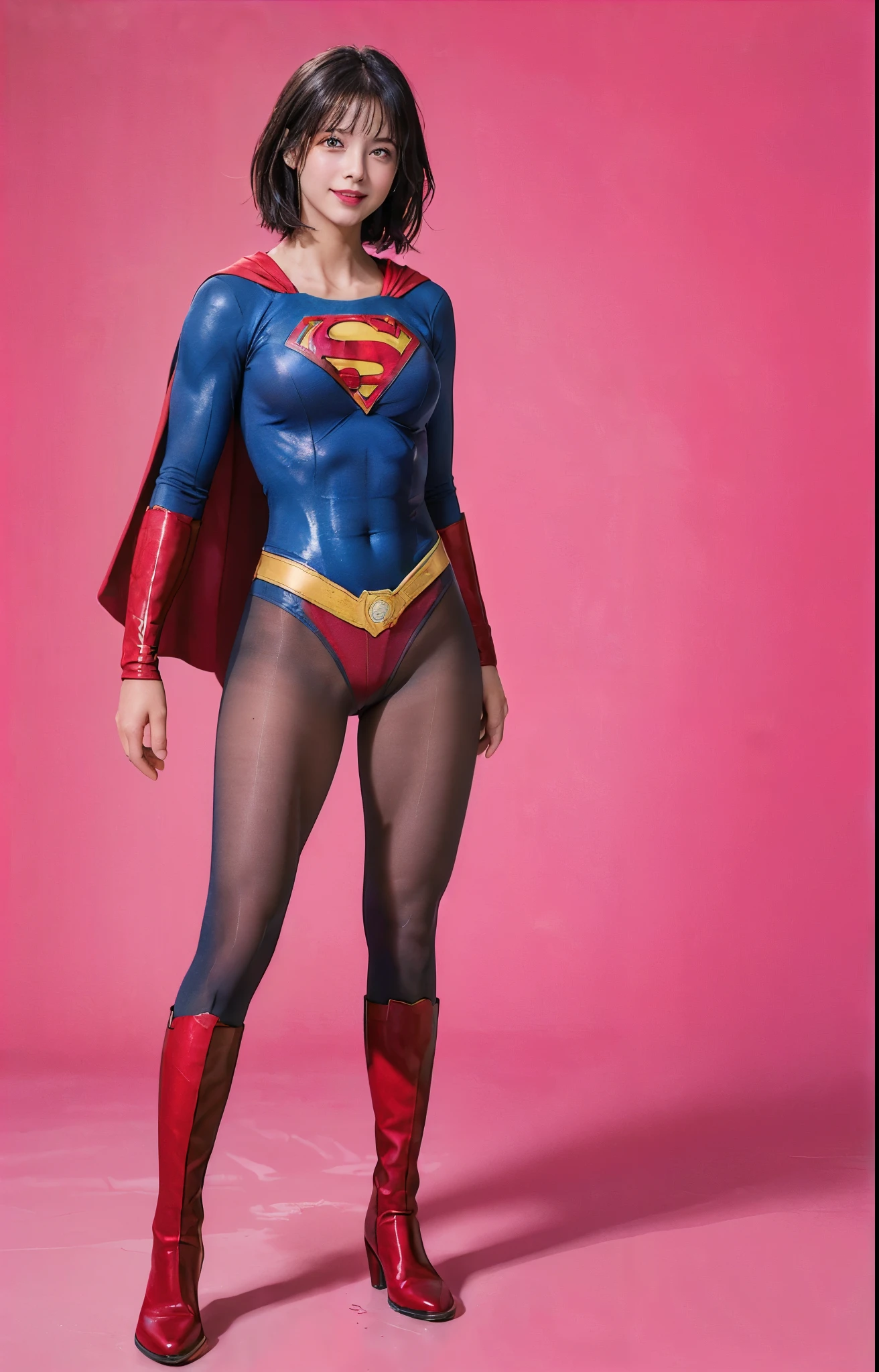 No background、(((Beautiful legs in black tights.)))、(((Legally express the beauty of your smile)))、((((Make the most of your original images)))、(((体にぴったりフィットするSupergirl Costume)))、(((Supergirl Costume)))、(((Beautiful short bob hair)))、(((She is winking cutely.)))、(((Please wear black tights....、Wear red boots)))、((Best image quality、8k))、((highest quality、8k、masterpiece:1.3))、(((Preserve background )))、Sharp focus:1.2、Beautiful woman with perfect figure:1.4、Slim Abs:1.2、Wet body:1.5、Highly detailed face and skin texture、8k