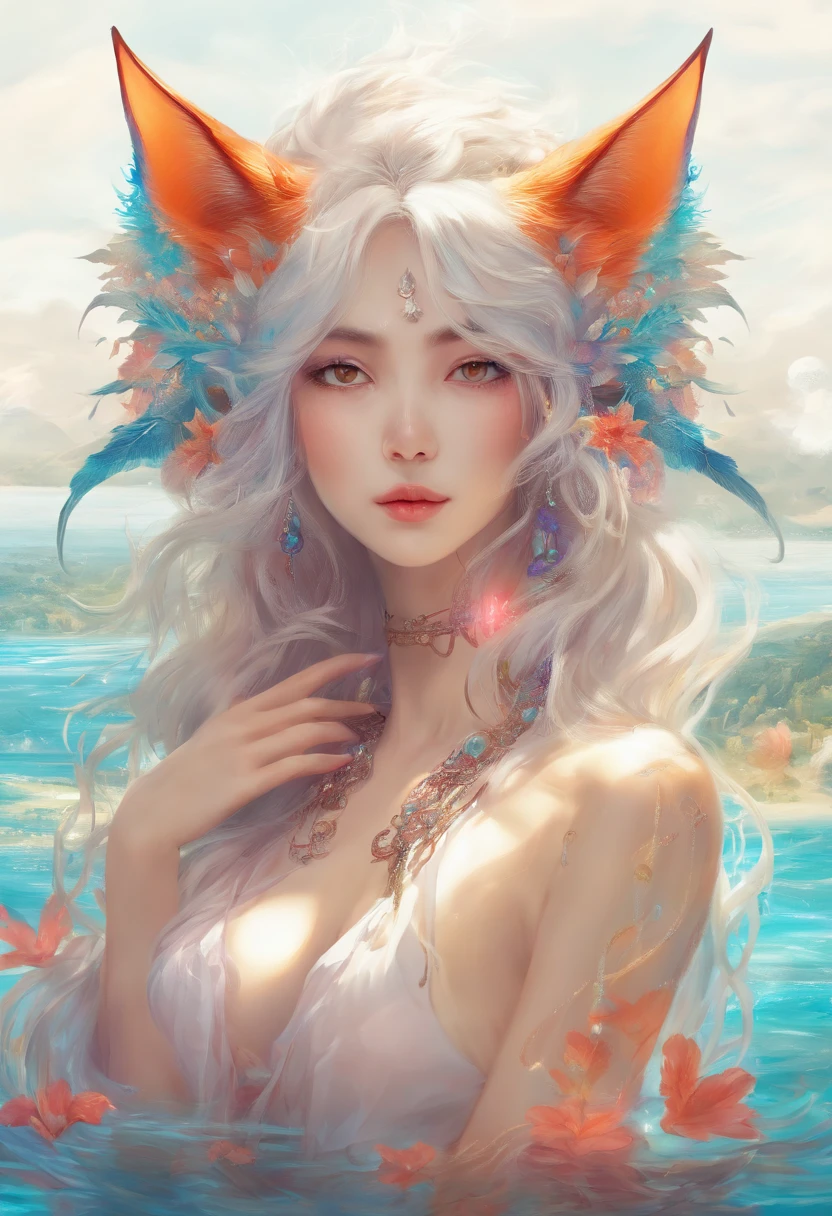 best quality,masterpiece,Ultra-high resolution,future science fiction,(photoactual:1.4),beautiful_Face,Twenty-five-year-old oriental nine-tailed demon fox woman,bright eyes,cleavage,Long silver hair above the waist,Wear a bikini,In the swimming pool,On the water slide,Sitting in a swimming ring,