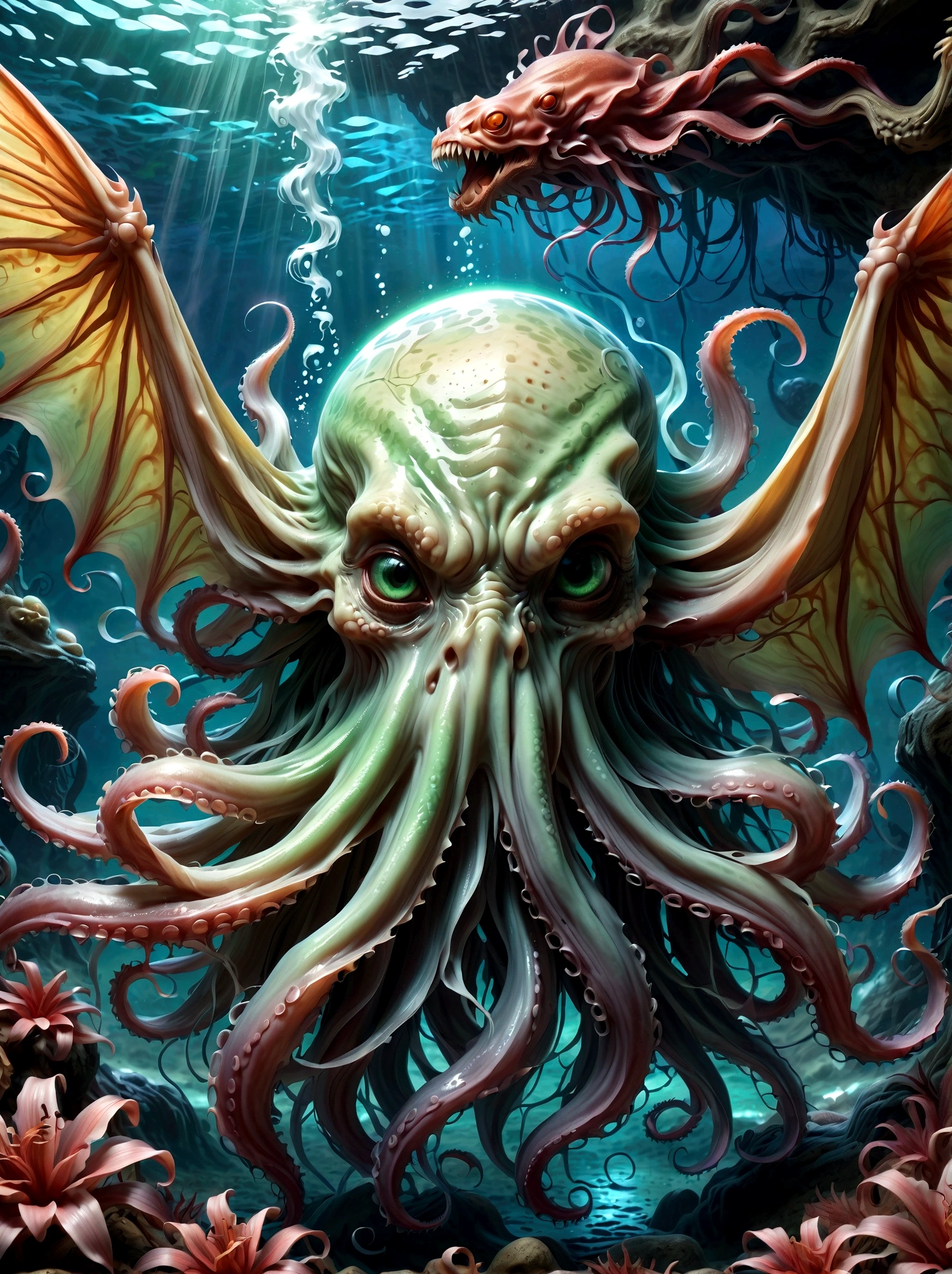 Cthulhu&#39;s appearance is described as extremely terrifying and grotesque.。It has a huge, bloated green body，Like a small mountain，Dripping with mucus，Covered with rough scales。Its head is a huge octopus-like sphere.，It&#39;s covered with tentacles，These tentacles are like those of an octopus.，Long and flexible，Can be bent and stretched at will。 Cthulhu&#39;s facial features are difficult to discern，Because it doesn&#39;t have eyes as we usually think of them、Nose or mouth。However，There seems to be a huge、Eyes without pupils，Emit a dim light，Let people。 It has huge claws growing under its body.，These claws are like giant crab claws.，Sharp and powerful，Can easily tear any object。On both sides of the body，Cthulhu also has a pair of long narrow wings，The wings are also covered with scales，And the edges have sharp serrations。 In general，Cthulhu&#39;s appearance is horrifying，Full of horror and mystery。Its existence itself is a challenge to human cognition and imagination，Let people无法用言语来形容它的恐怖和怪异。