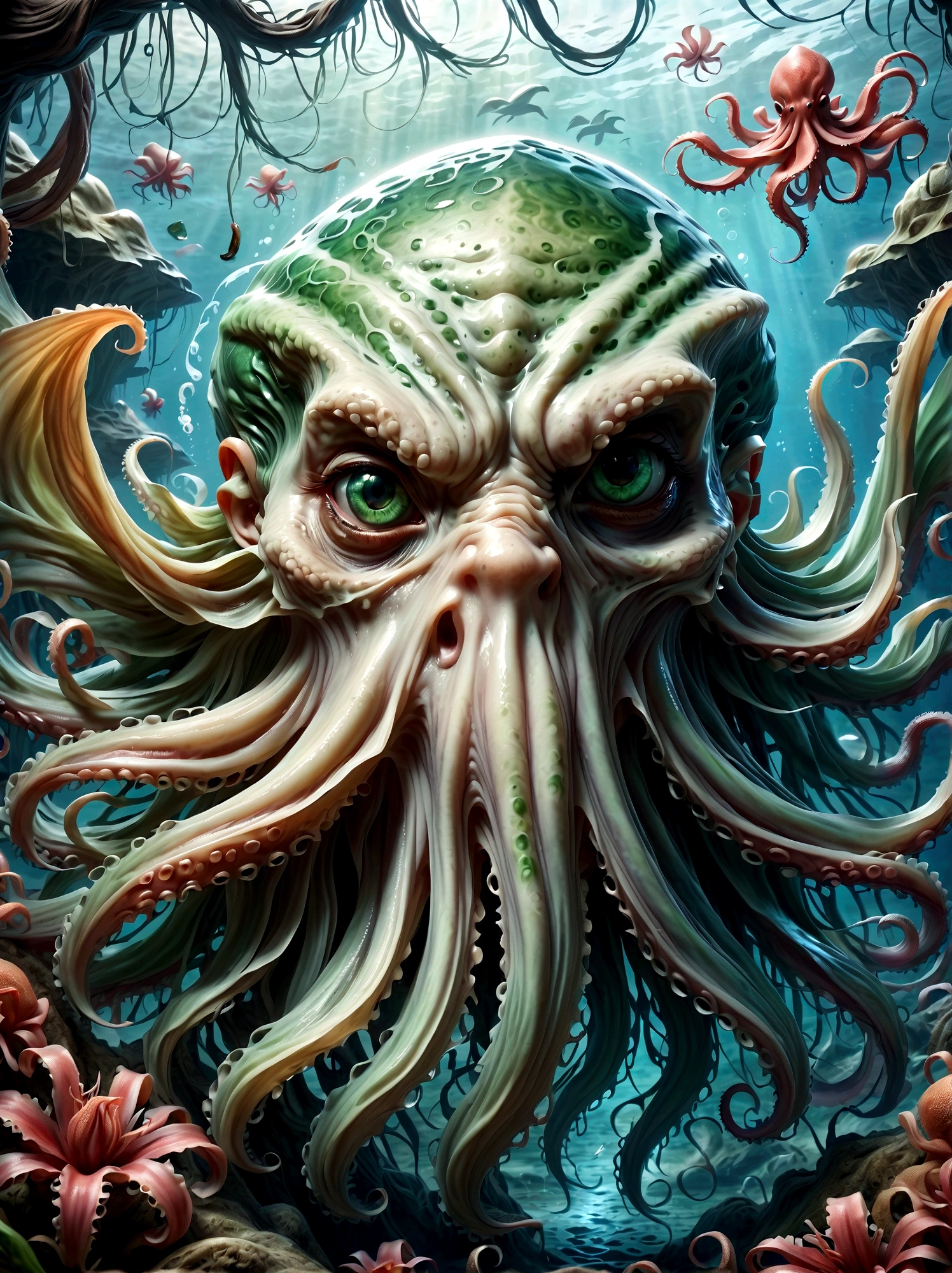 Cthulhu&#39;s appearance is described as extremely terrifying and grotesque.。It has a huge, bloated green body，Like a small mountain，Dripping with mucus，Covered with rough scales。Its head is a huge octopus-like sphere.，It&#39;s covered with tentacles，These tentacles are like those of an octopus.，Long and flexible，Can be bent and stretched at will。 Cthulhu&#39;s facial features are difficult to discern，Because it doesn&#39;t have eyes as we usually think of them、Nose or mouth。However，There seems to be a huge、Eyes without pupils，Emit a dim light，Let people。 It has huge claws growing under its body.，These claws are like giant crab claws.，Sharp and powerful，Can easily tear any object。On both sides of the body，Cthulhu also has a pair of long narrow wings，The wings are also covered with scales，And the edges have sharp serrations。 In general，Cthulhu&#39;s appearance is horrifying，Full of horror and mystery。Its existence itself is a challenge to human cognition and imagination，Let people无法用言语来形容它的恐怖和怪异。