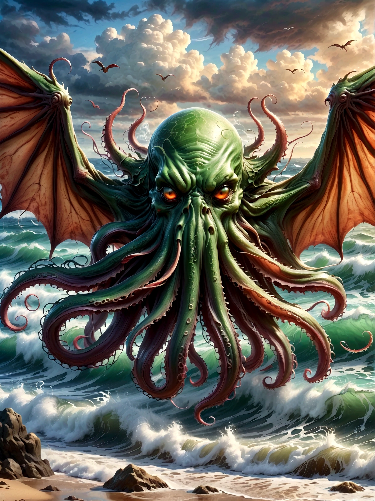 Cthulhu's appearance is described as extremely terrifying and grotesque.。It has a huge, bloated green body,Like a small mountain,Dripping with mucus,Covered with rough scales。Its head is a huge octopus-like sphere.,It's covered with tentacles,These tentacles are like those of an octopus.,Long and flexible,Can be bent and stretched at will。 Cthulhu's facial features are difficult to discern,Because it doesn't have eyes as we usually think of them、Nose or mouth。However,There seems to be a huge、Eyes without pupils,Emit a dim light,Let people。 It has huge claws growing under its body.,These claws are like giant crab claws.,Sharp and powerful,Can easily tear any object。On both sides of the body,Cthulhu also has a pair of long narrow wings,The wings are also covered with scales,And the edges have sharp serrations。 In general,Cthulhu's appearance is horrifying,Full of horror and mystery。Its existence itself is a challenge to human cognition and imagination,Let people无法用言语来形容它的恐怖和怪异。