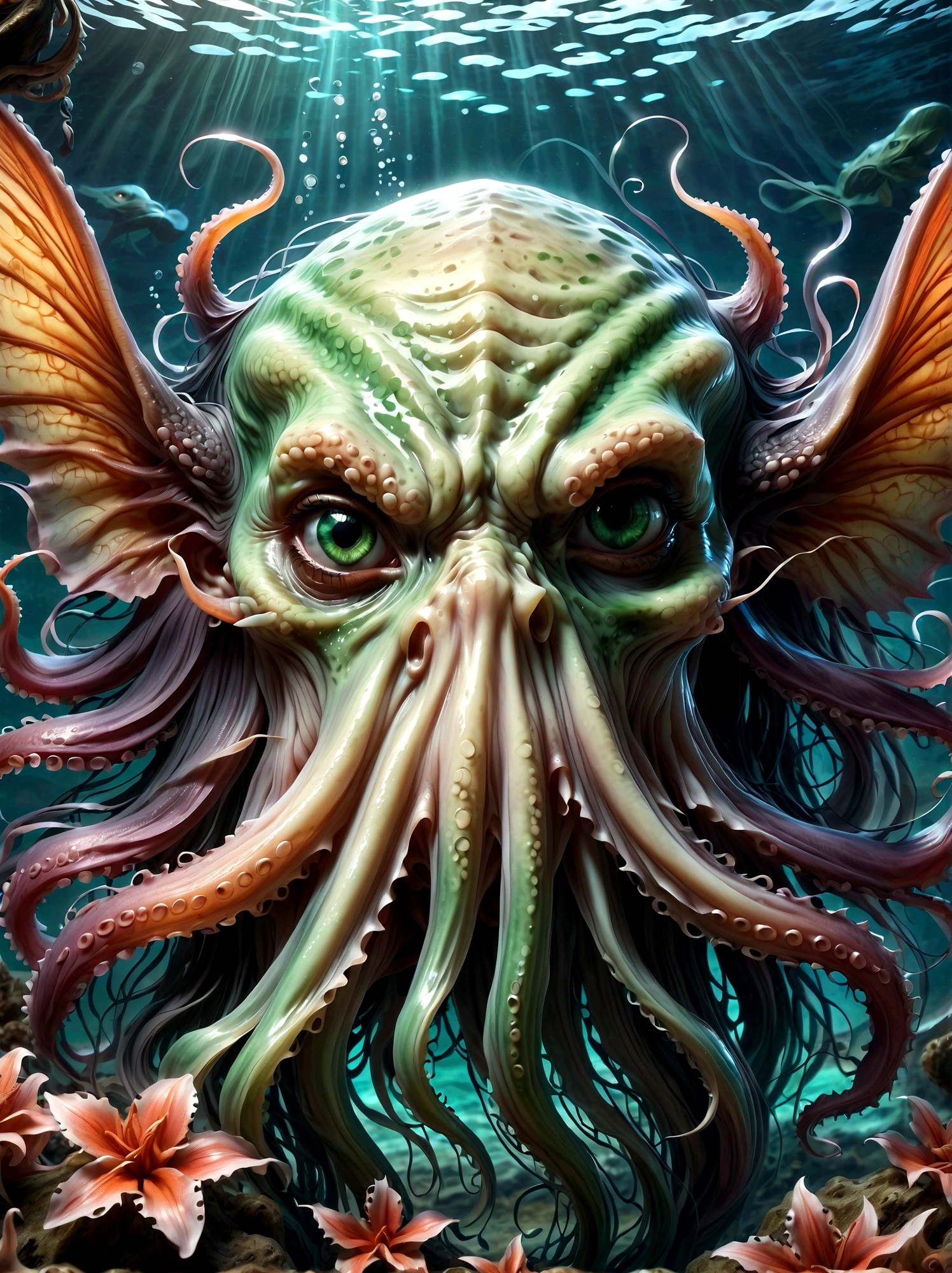 Cthulhu's appearance is described as extremely terrifying and grotesque.。It has a huge, bloated green body,Like a small mountain,Dripping with mucus,Covered with rough scales。Its head is a huge octopus-like sphere.,It's covered with tentacles,These tentacles are like those of an octopus.,Long and flexible,Can be bent and stretched at will。 Cthulhu's facial features are difficult to discern,Because it doesn't have eyes as we usually think of them、Nose or mouth。However,There seems to be a huge、Eyes without pupils,Emit a dim light,Let people。 It has huge claws growing under its body.,These claws are like giant crab claws.,Sharp and powerful,Can easily tear any object。On both sides of the body,Cthulhu also has a pair of long narrow wings,The wings are also covered with scales,And the edges have sharp serrations。 In general,Cthulhu's appearance is horrifying,Full of horror and mystery。Its existence itself is a challenge to human cognition and imagination,Let people无法用言语来形容它的恐怖和怪异。