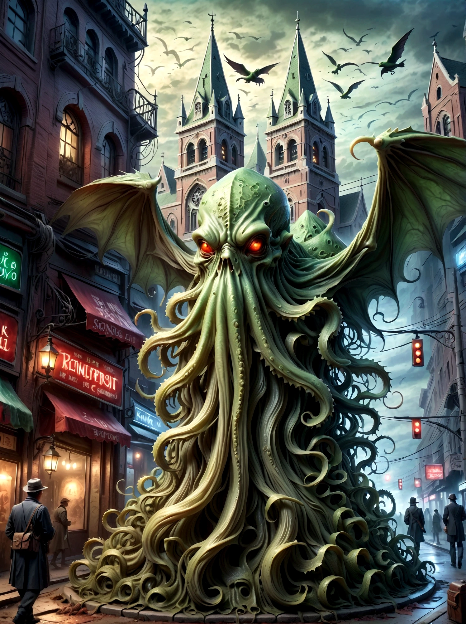 Cthulhu Lovecraft ,Cthulhu, Lovecraft ,Works by HP Lovecraft , Los Angeles Architecture, terrorism, it's foggy, it's foggy, terrorism ,scary , 戏剧light , light, Main part,Top quality, surreal, Very detailed