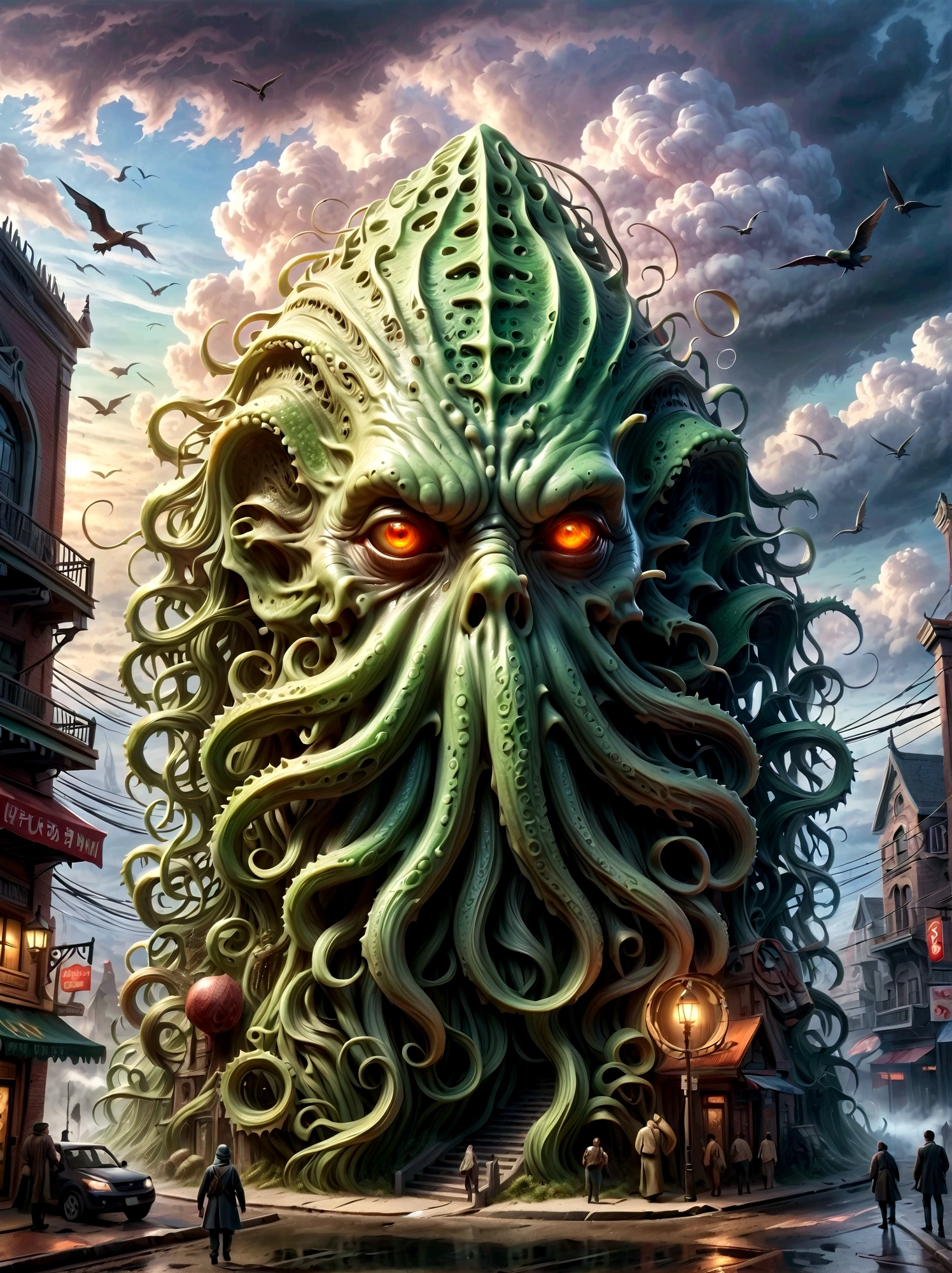 Cthulhu Lovecraft ,Cthulhu, Lovecraft ,Works by HP Lovecraft , Los Angeles Architecture, terrorism, it&#39;s foggy, it&#39;s foggy, terrorism ,scary , 戏剧light , light, Main part,Top quality, surreal, Very detailed