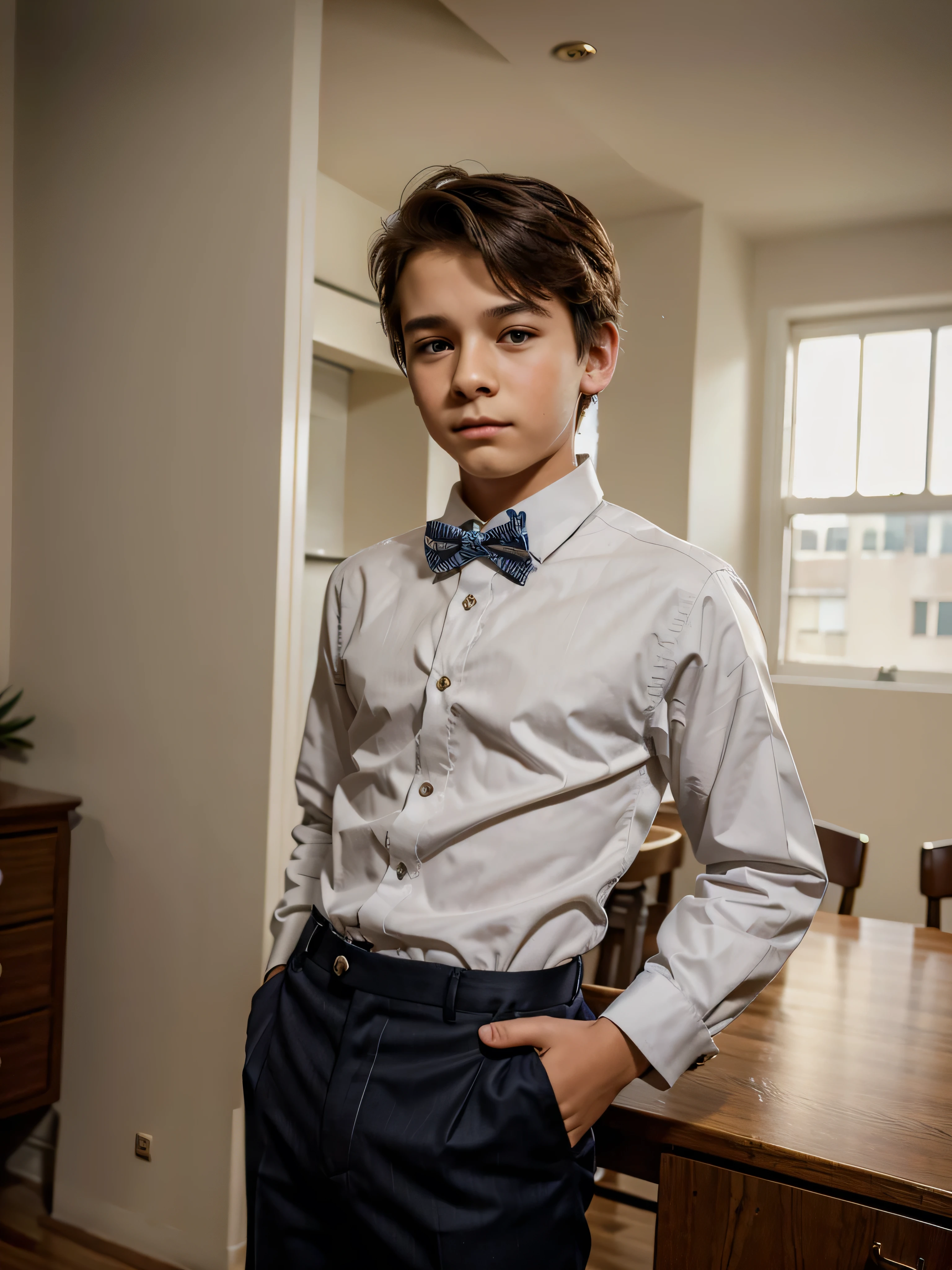 a boy wearing a light blue vest and dark blue trousers