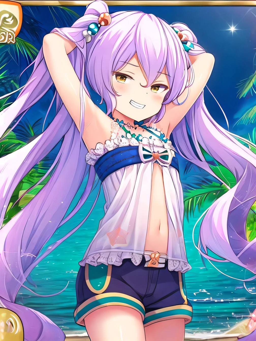 himejimakinoko, solo, 1girl, light purple hair, twintails, hair bobbles, polka dot, very long hair, yellow eyes, white shirt, striped shorts, flat chest, high quality, solo, night sky, beach, arm behind head, hand on hip, contrapposto, closed mouth, spread armpits, (cowboy shot:1.5), looking at viewer, grin, best quality,
